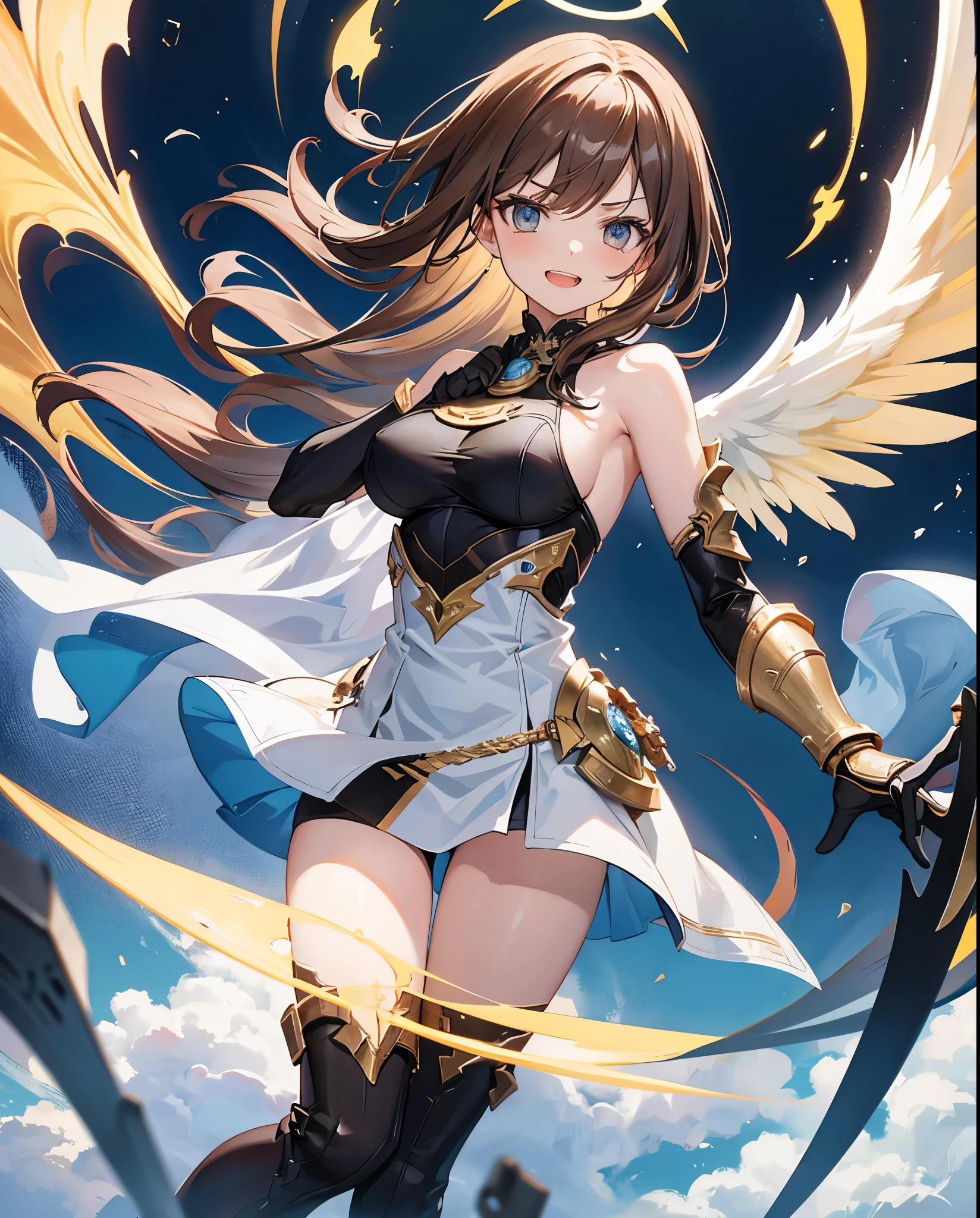 fantasy, 1angel_girl,, ,brown_hair, medium_bob_hair, long_bangs, halo,bare_shoulder,thighhighs,silver_armor, waist_armor, large_breasts,angry,grinning,open_mouth_teeth, 1pair_wings, dynamic_pose_fighting,floating, bare_crotch, headgear,gauntlet, greaves,city_sky_background,slightly_spread_legs, solo, groin_naked,