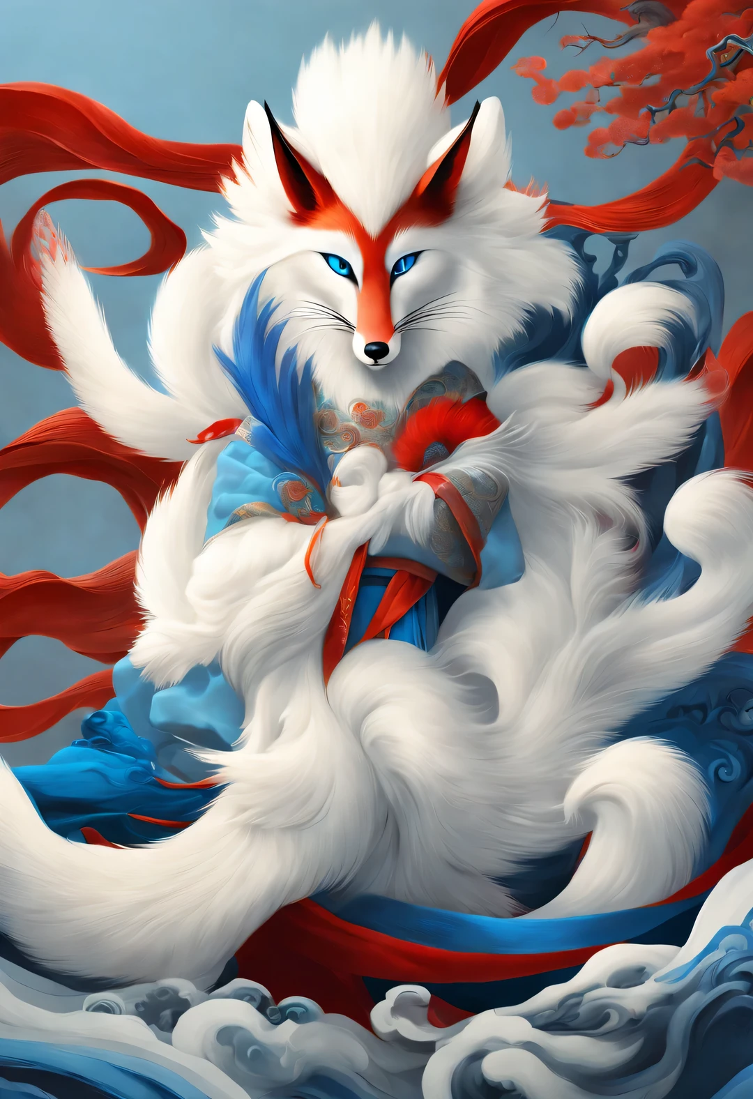 Zbrush style red and blue fashion painting, Oriental style, Soft realism and surreal details, blue and sky blue tones (A fox with only nine red tails and blue eyes: 1.0), fox beautiful face, white hair, Lots of fluffy red tails wrapped around, Ancient Chinese mythical beasts, Classic of Mountains and Seas, fantasy,