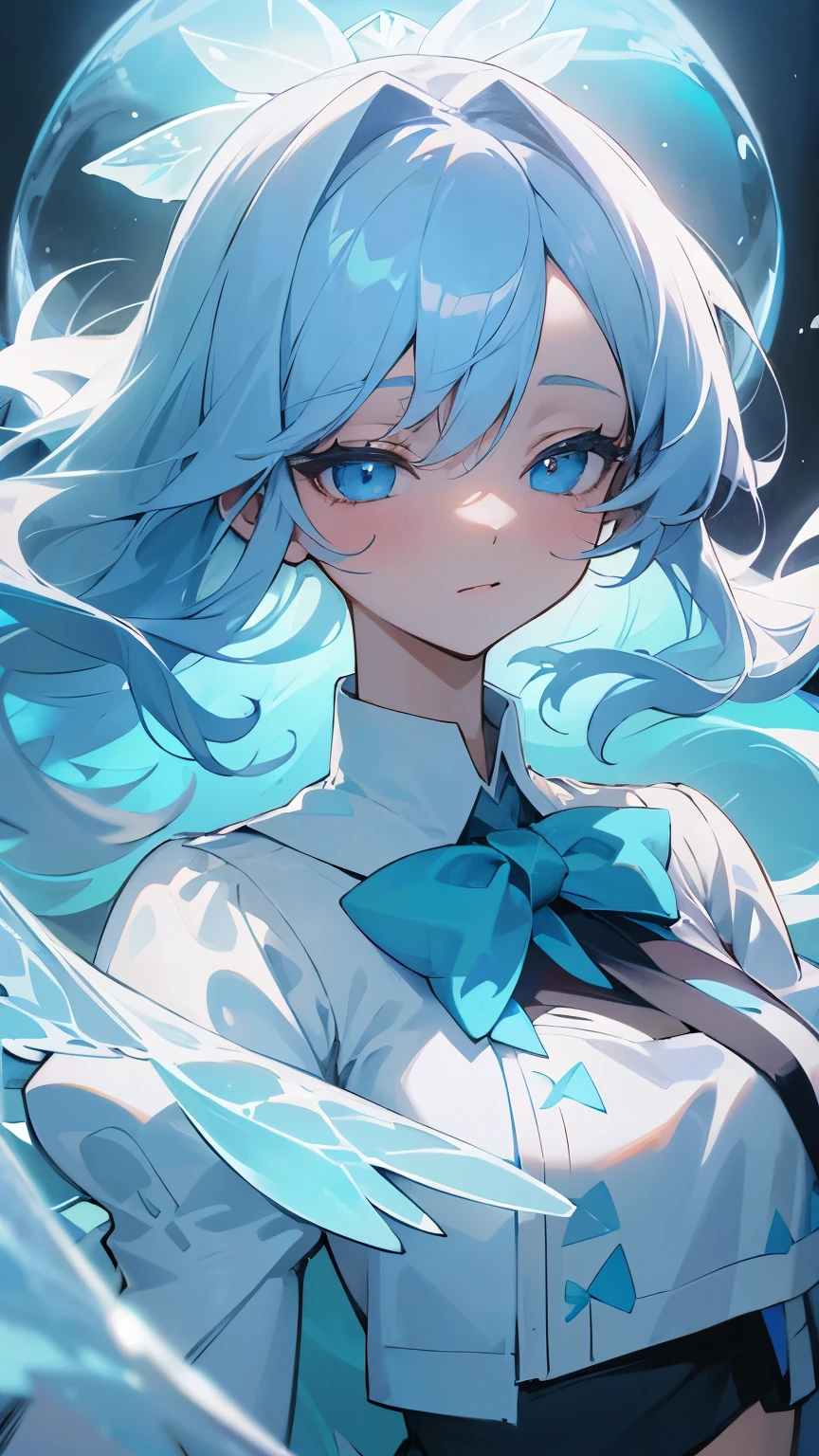 hiten_1, {{{masterpiece}}},best quality, illustration,{beautiful detailed girl},beautiful detailed glow,detailed ice,beautiful detailed water,{beautiful detailed eyes},expressionless,beautiful detailed white gloves, {floating palaces:1.3},azure hair,disheveled hair,long bangs, hairs between eyes, {skyblue dress},black ribbon,white bowties,midriff,{{{half closed eyes}}},,big forhead,blank stare,flower,large top sleeves,{{{ice crystal texture wings}}}
