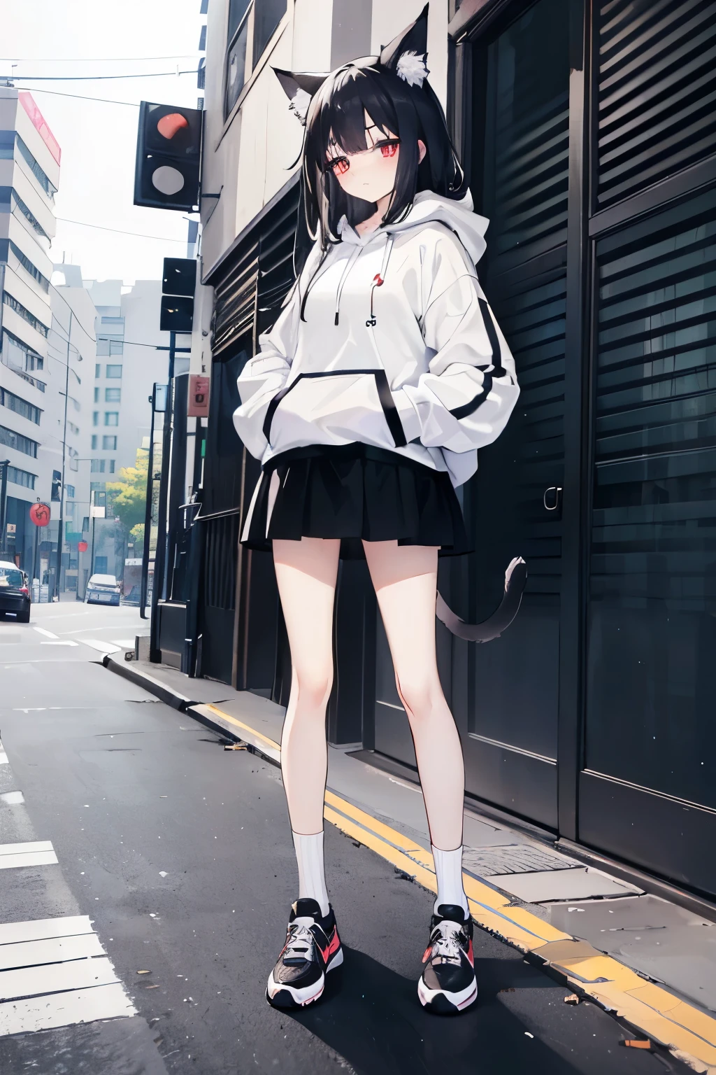 #Draw a picture of a cat girl. She has long black hair and a face with dark red pupils. She is wearing a white hoodie and black headphones. She is wearing a black JK skirt and black sneakers. A half-length solo. The woman is gentle, cute and tsundere. Two-dimensional anime and manga style. Full-color epic texture. 4K. Two legs. The long-legged little lolita puts her hands in her pockets and is shy and nervous in the city on the street 4:3 White hoodie White hoodie White hoodie Thin eyebrows Thin eyebrows Thin eyebrows Thin eyebrows Wearing black one shoulder Wearing black socks
