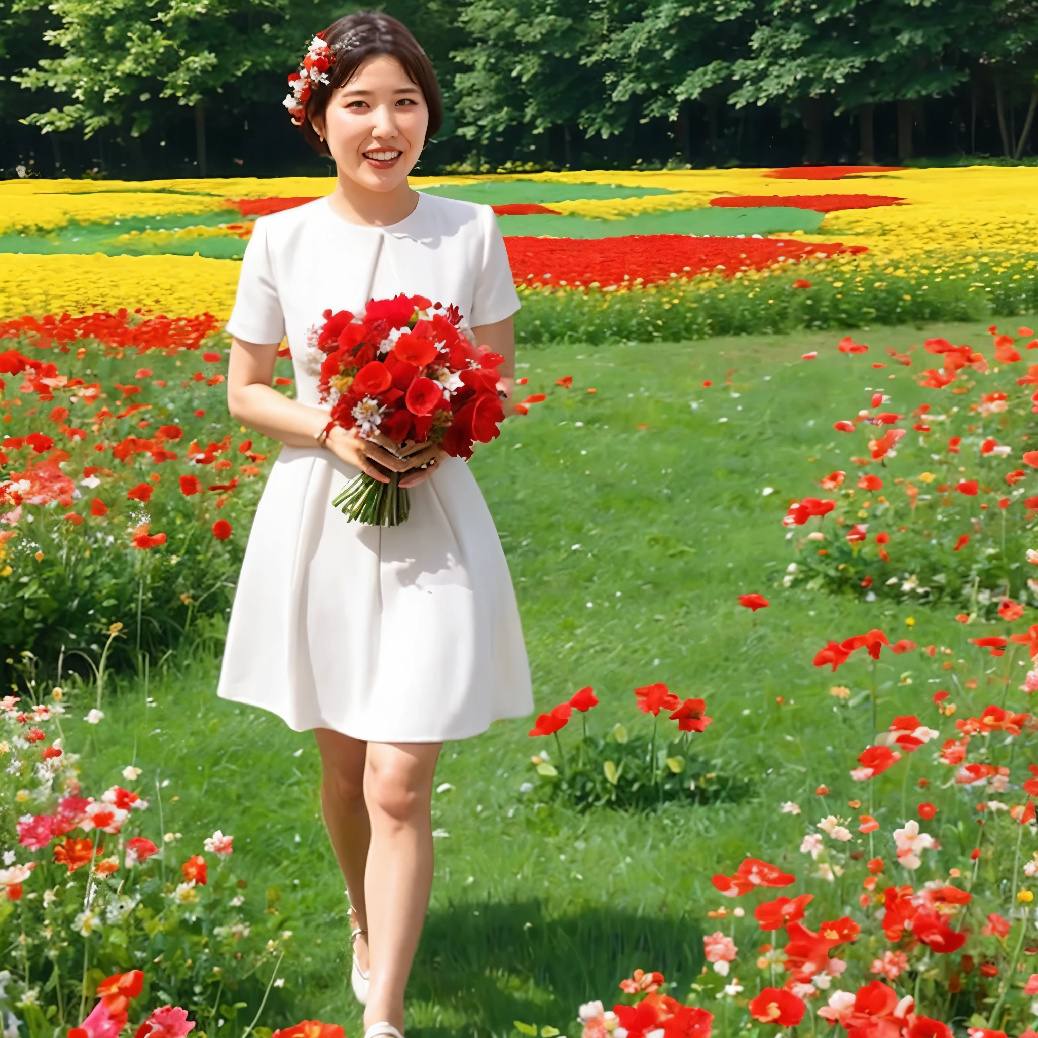 in red and white dress holding bouquet of flowers, girl in flower, pick flowers, have flowers, picking up a flower, girl standing in a flower field, girl standing in a flower field, Flowers on the cheeks of heirs, girl in flower field, girl in flower fieldの肖像画, Girl Walking In The Forest, Girl with flower head