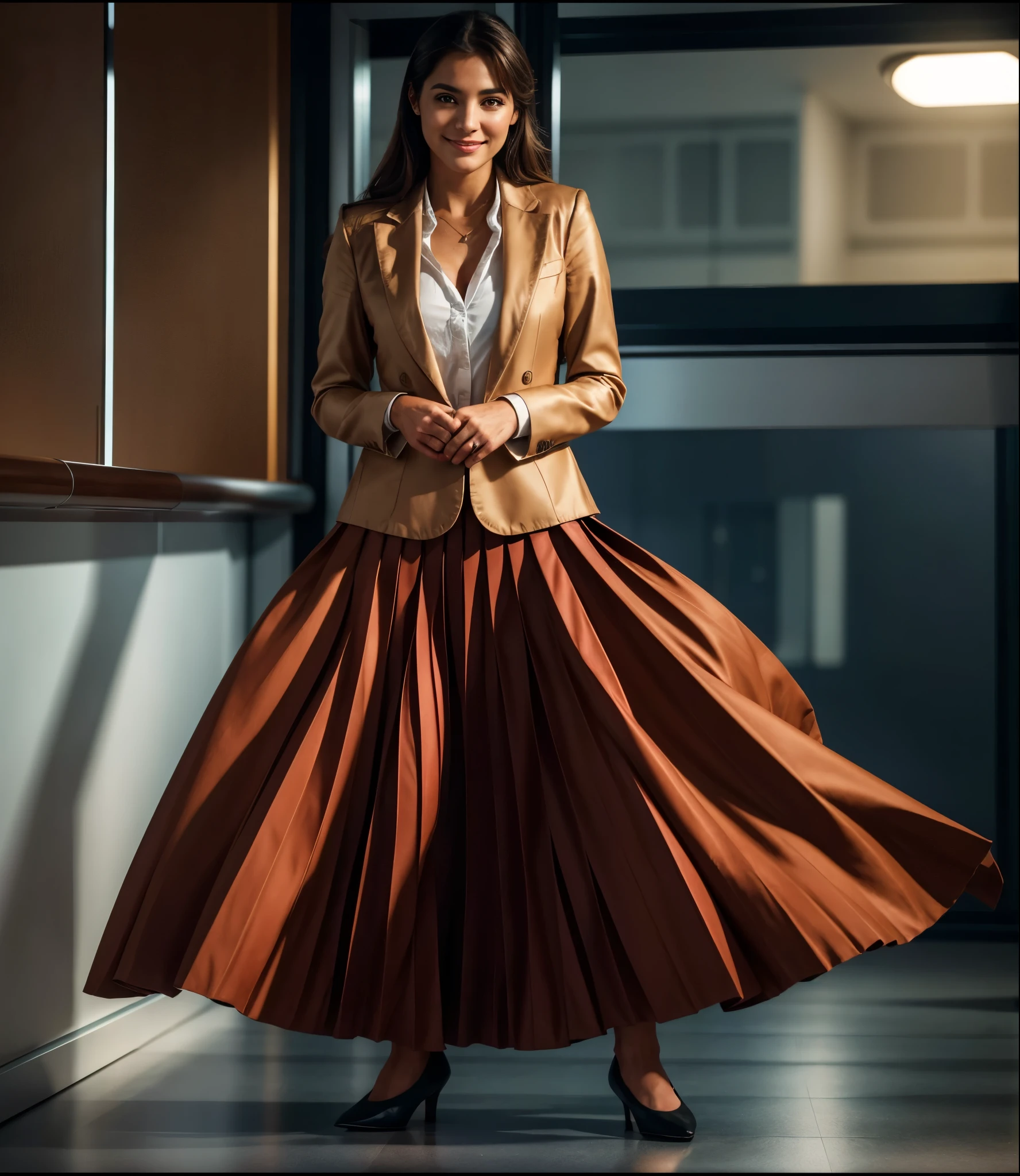 A smiling, authentic, (shy:1,3), kind, beautiful woman, completely alone in an empty space station, in love with her skirt, standing while wind lifts her skirt, wearing short blazer and very very detailed (long (fully pleated) full circle skirt) and (simple) low heeled office shoes, very very intricate hyper-detailed symmetric (attractive graceful young feminine face) with (sad, tired eyes and a shy smile), large breasts, full of empathy and compassion and love, (pronounced (feminine) features), (highly detailed ultra accurate realistic) hands and fingers, (windy), epic composition, highly detailed attributes, (35mm f1.4 Kodak portra 400 photograph), extremely high quality RAW photograph, highly detailed atmosphere, sci-fi, cinematic shot, dynamic lighting, 75mm, Technicolor, Panavision, cinemascope, sharp focus, fine details, 8k, HDR, realism, realistic, key visual, film still, superb cinematic color grading, depth of field