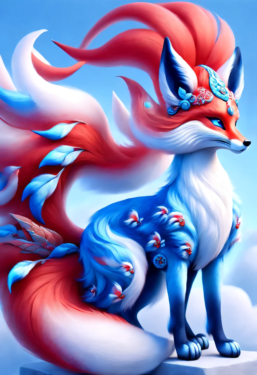 Zbrush style red and blue fashion painting, Oriental style, Soft realism and surreal details, blue and sky blue tones, (A white hair、blue eyes、Fox with nine red tails), Lots of fluffy red tails wrapped around, Ancient Chinese mythical beasts, fantasy,