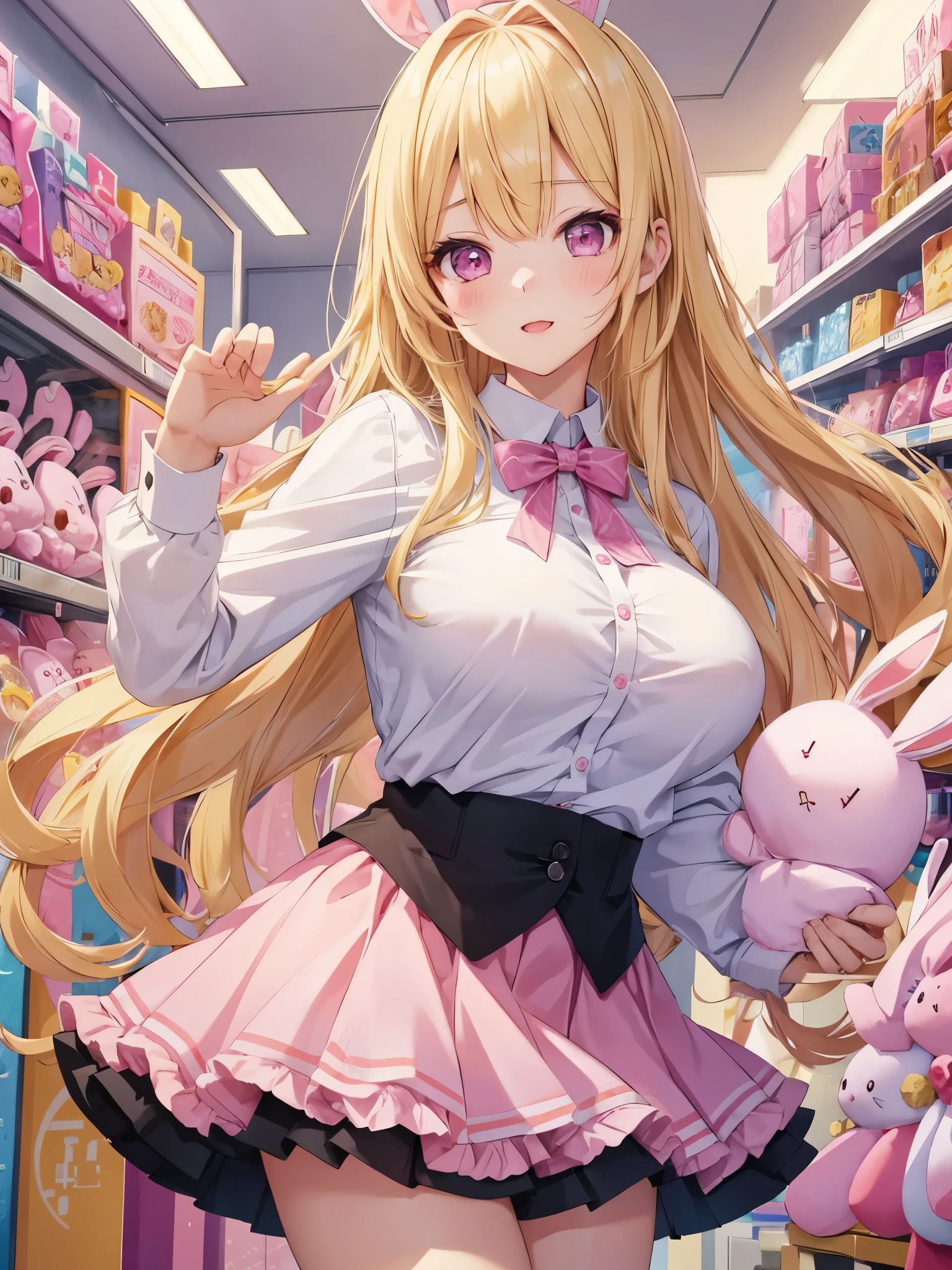 1 girl, blond hair, pink eyes, big breasts, kawaii girl, high quality, dynamic pose, 4k, inside a  shop, lots of plushies, holding a bunny plushy, Completely naked
