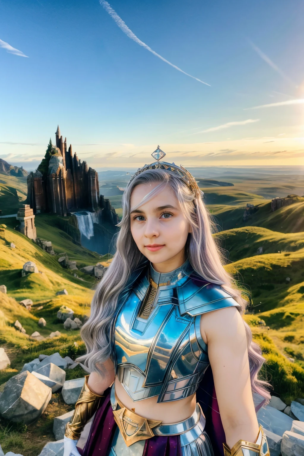 1 Girl, Beautiful, Baby Face, 20 Years Old, White Skin, Medium Chest, Sleeveless, She is Princess of Asgard Cosplay Costumes, Princess Cloak, View of Empty Land, The Huge Planet Can Be Seen In The Sky, Silver Straight Hair, ((adorable:1.3)), ((masterpiece:1.1)), Darkness, Princess Make Up, Glow Up