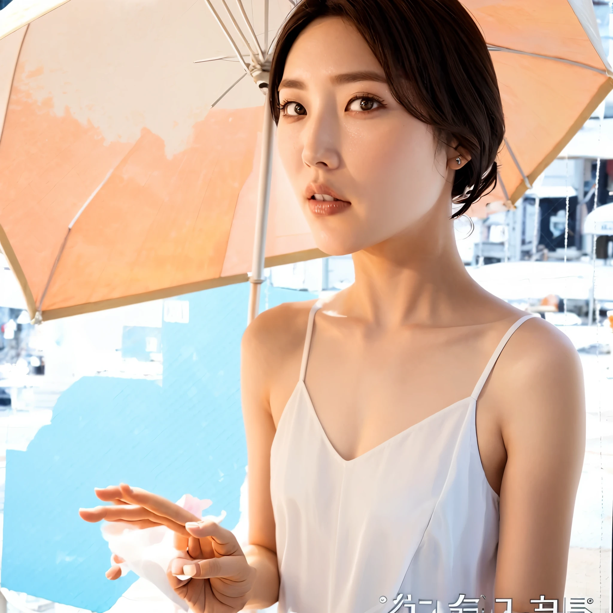 Beautiful and attractive women with fashion trends, whole body: 1.6, have flowers, random hairstyle, sitting under a parasol, by boat, tight slip dress random color, hair blowing in the wind, blue sky and white clouds, delicate sexy clavicle, cover chest, charming goose egg face, double eyelid, Smart peach blossom eyes, pink lips, small upturned nose, bare shoulders, concentrated face, close up of face, ultra high resolution, Super detailed, Ultra-thin translucent, fresh and good, See-through, pink