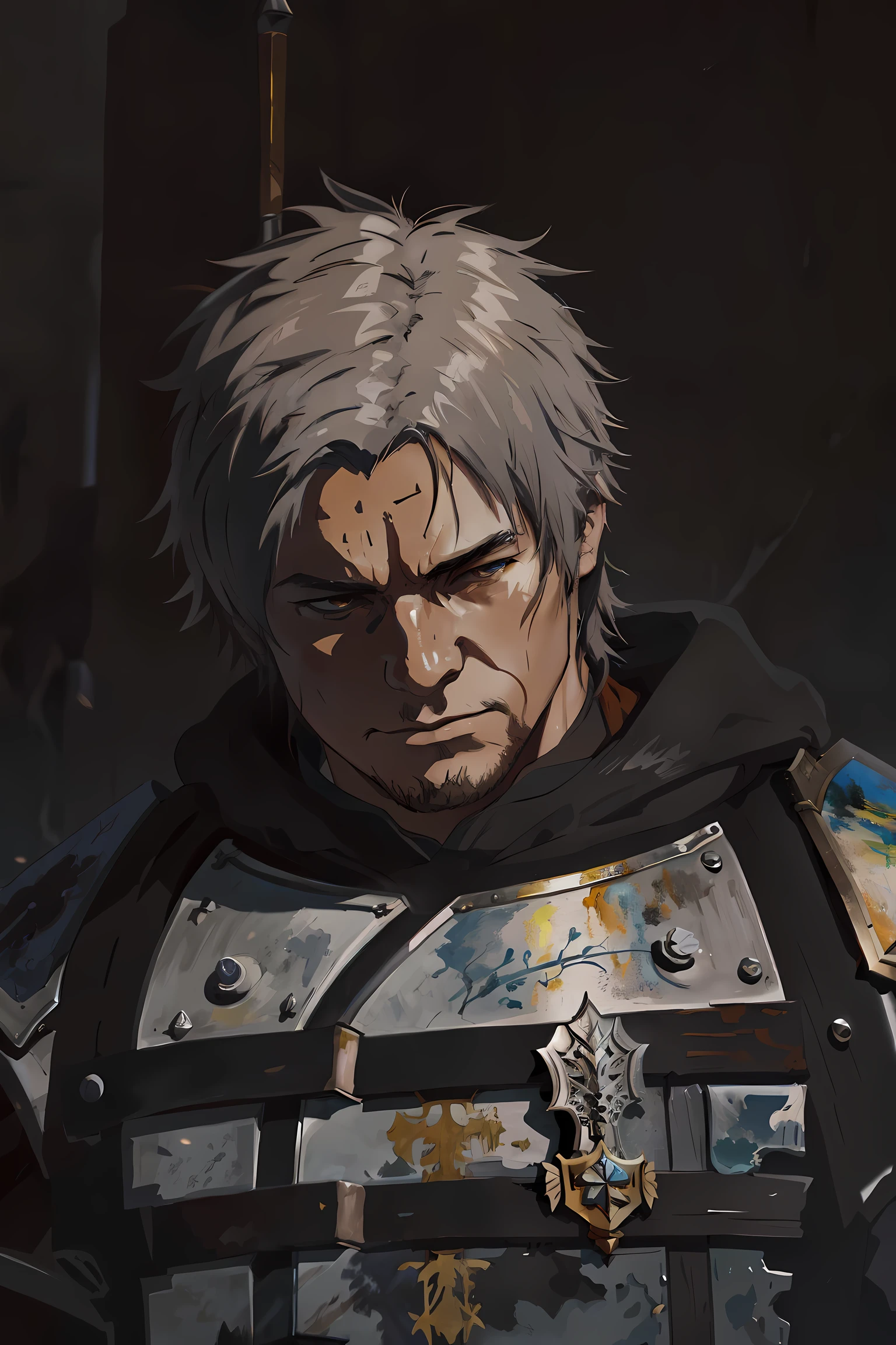 there is a painting of a man, portrait style of wlop, painted in high resolution, Dark Souls, Miyazaki inspired, painted character portrait, made with anime painter studio, medieval anime portrait