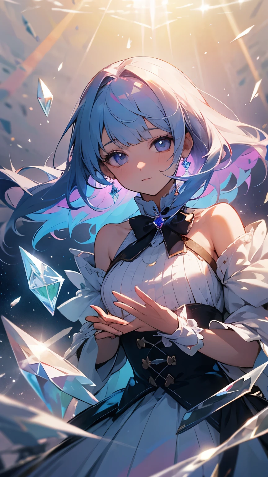 {{{crystals texture Hair}}}，[[[[[extremely detailed CG]]]]],[[8k_wallpaper]],[[[[Crystalline purple gemstone gloves]]]],{{beautiful detailed Glass hair}},{{Glass shaped texture hand}},{{Crystallize texture body}},Gem body,Hands as clear as jewels,Crystallization of clothes,{{crystals texture skin}},sparkle, lens flare, light leaks, Broken glass，[[[[Detailed Glass shaped clothes]]]]，       {{masterpiece}}, {{{best quality}}}, {{ultra-detailed}}, {{illustration}}, {{disheveled hair}}, {{frills}}, {1 girl}, {solo}, dynamic angle, big top sleeves, floating, beautiful detailed gemstone sky, gemstone sea, beautiful detailed eyes, overexposure,  side blunt bangs, hairs between eyes, ribbons, bowties, buttons, bare shoulders, {{{small breast}}},  pleated skirt, crystals texture flowers， {{Detailed crystallized clothing}},{gemstone of body}，solo focus