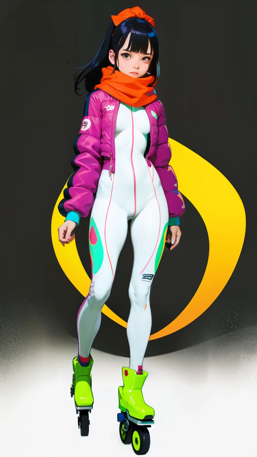 (ultra detailed,ultra high res,detailed background),((2D)),((flat color)),((muted color)),((floating neon)),1girl,solo,looking at viewer, spray paint, graffiti, girl in a white fencing suit, long plush scarf, full body image, adult woman, anatomically perfect face, face in focus, symmetrical face, rollerskates, wearing a 1950's scifi helmet with a visor, sunglasses