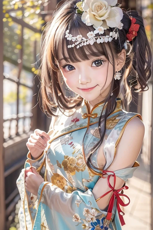 cheongsam clothing , master piece , best quality , detailed , bangs , 1 person, ((contrasting eyes)) , smile
