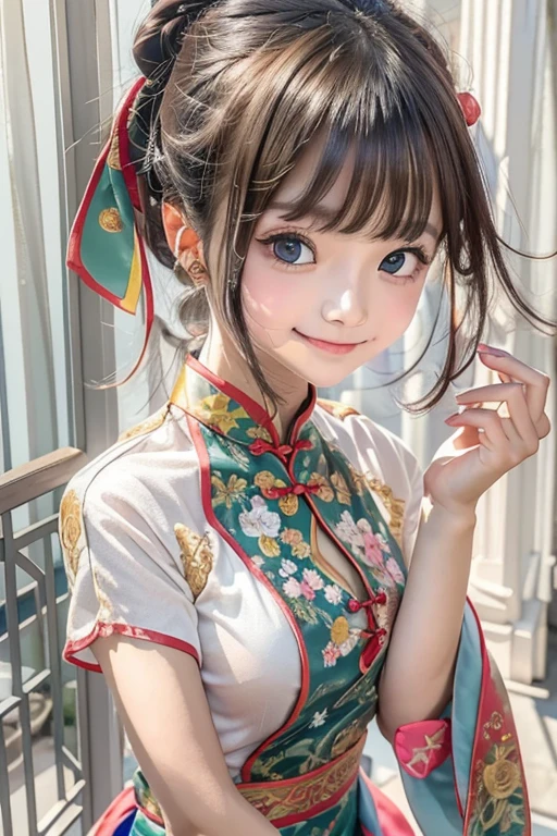 cheongsam clothing , master piece , best quality , detailed , bangs , 1 person, ((contrasting eyes)) , smile