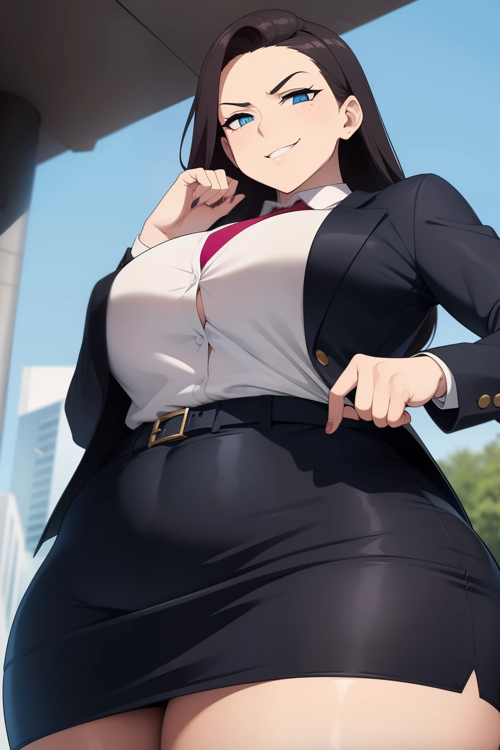 Woman in a business suit, curvy, busty, evil smirk, dominant stare, thick thighs, view from below, presenting her butt, lifting her skirt