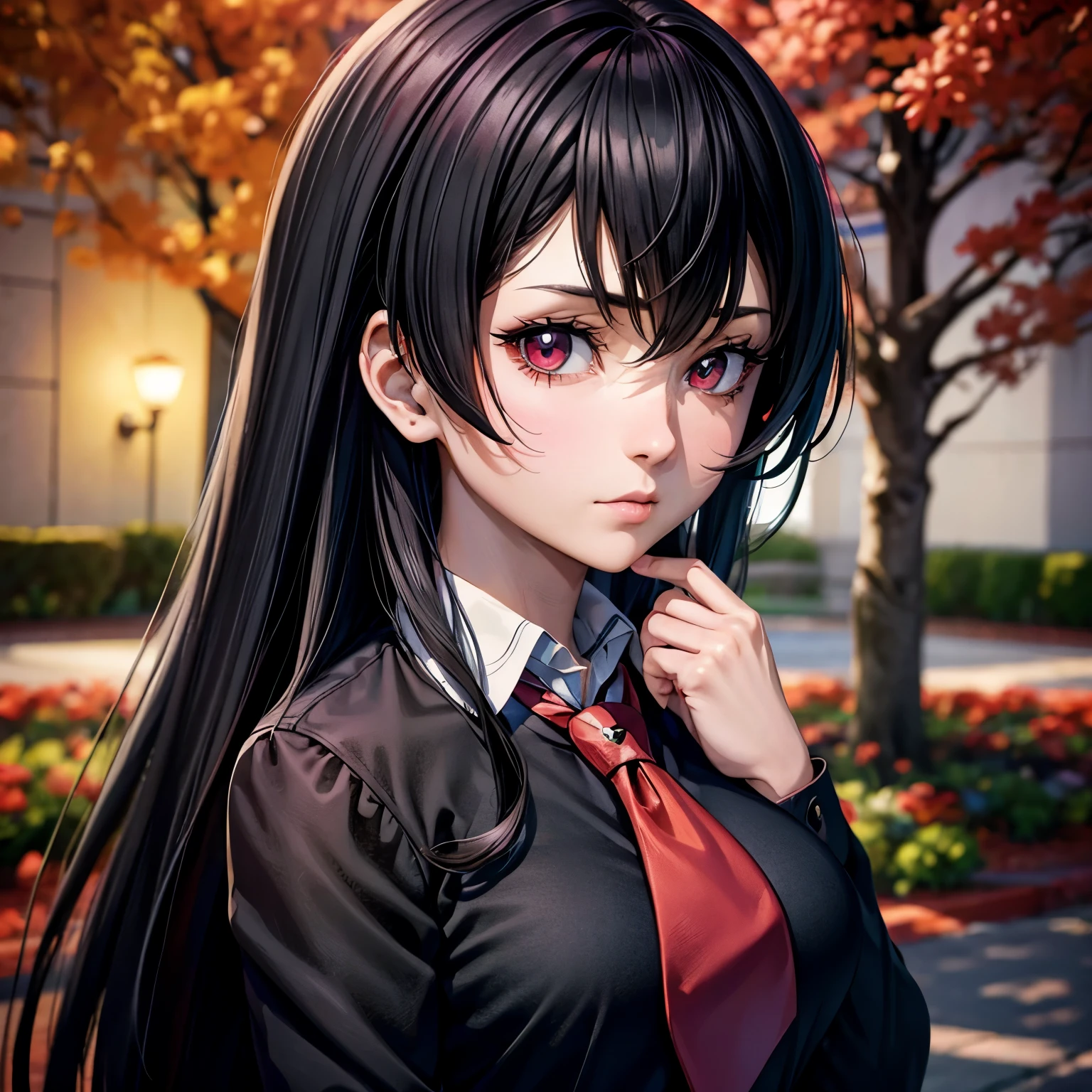 anime girl in black school uniform and red tie, best quality, high resolution, very smooth texture, cute and beautiful facial details, long black hair, big red eyes, eye liner, double eyelids, big breasts.