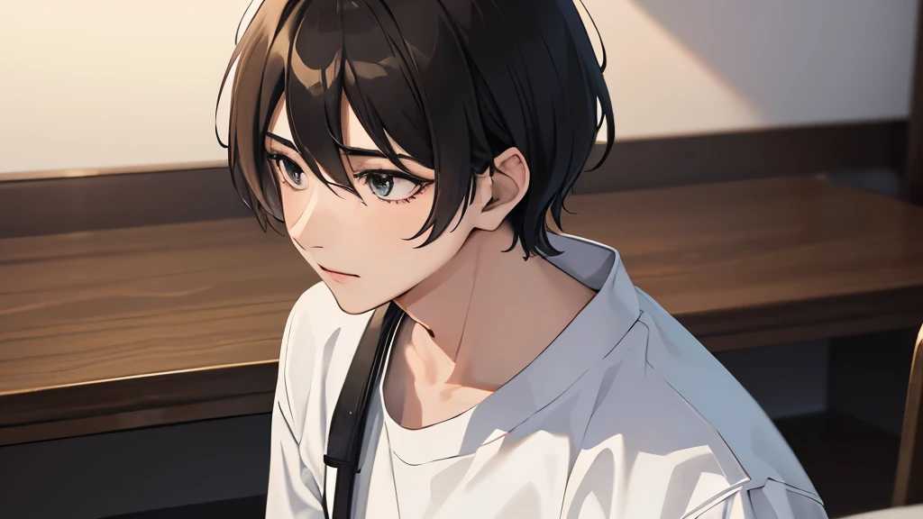 White judogi、Hair is black、energetic high school student、16 year old boy、hair is very short