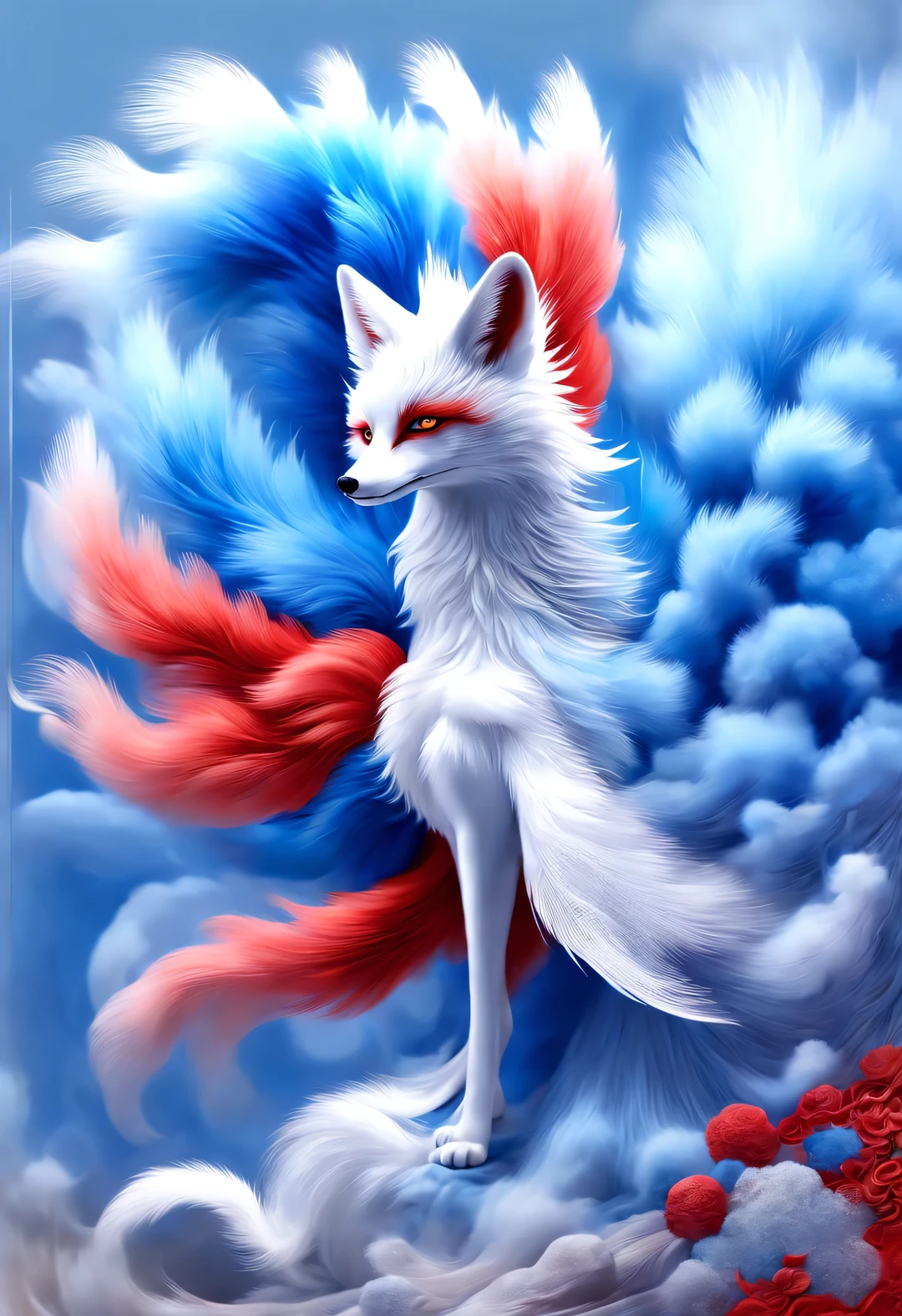 Zbrush style red and blue fashion painting, Oriental style, Soft realism and surreal details, blue and sky blue tones, (A white hair、blue eyes、Fox with nine red tails), Lots of fluffy red tails wrapped around, Ancient Chinese mythical beasts, fantasy,