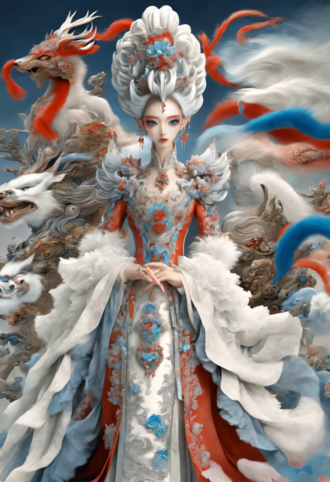 Zbrush style red and blue fashion painting, Oriental style, Soft realism and surreal details, blue and sky blue tones (A fox with only nine red tails and blue eyes: 1.0), fox beautiful face, white hair, Lots of fluffy red tails wrapped around, Ancient Chinese mythical beasts, Classic of Mountains and Seas, fantasy,