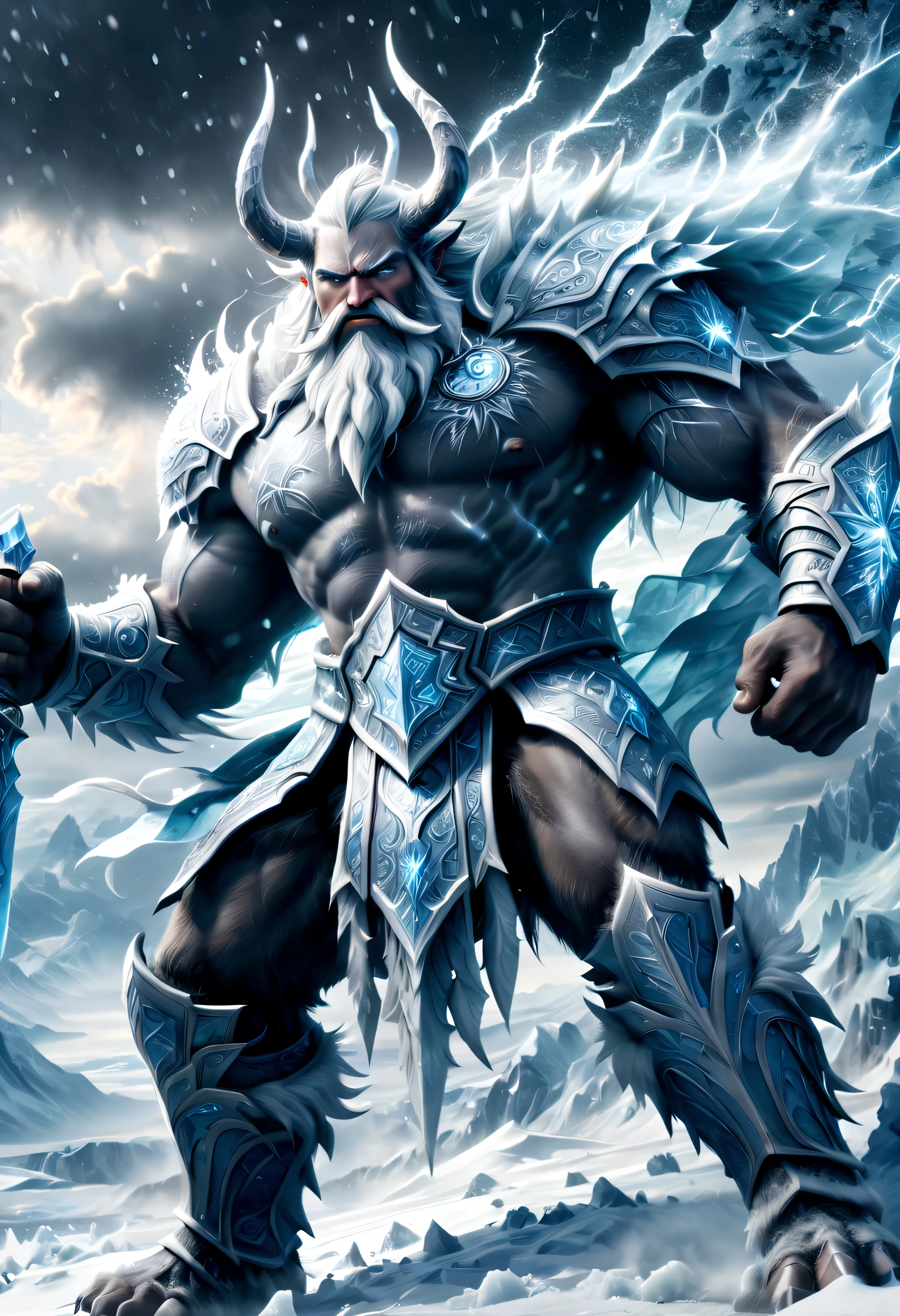 (battle, epic, godlike),(ice, snow, frost:1.2),(mountains, glaciers, frozen landscape),(stormy skies, lightning, thunder),(mythical creature, towering, intimidating),(beard:1.1, muscular build),(sharp, piercing eyes),(icy breath, frosty aura),(ancient, powerful),(frozen world, icy wasteland),(majestic, grand),(sinister presence),(mythical realm),(Norse mythology, mythology),(mythical weapon, ice spear),(enchanted armor, glistening),(epic battle scene, clash of titans),(blizzard:1.1, swirling snowflakes),(immortal, everlasting),(ancient language, rune inscriptions),(mythical heritage),(frost magic, ice manipulation),(legendary figure),(glacial powers),(divine ancestry),(epic cinematic, high-contrast),(gods and giants),(Nordic folklore).