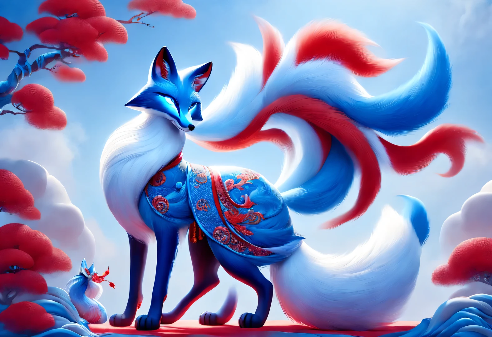Zbrush style red and blue fashion painting, Oriental style, Soft realism and surreal details, blue and sky blue tones, (A white hair、blue eyes、Fox with nine red tails), many red tails wrapped around, Ancient Chinese mythical beasts, fantasy,