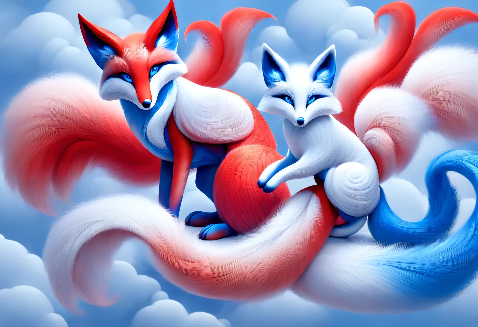 Zbrush style red and blue fashion painting, Oriental style, Soft realism and surreal details, blue and sky blue tones, (A white hair、blue eyes、Fox with nine red tails), many red tails wrapped around, Ancient Chinese mythical beasts, fantasy,