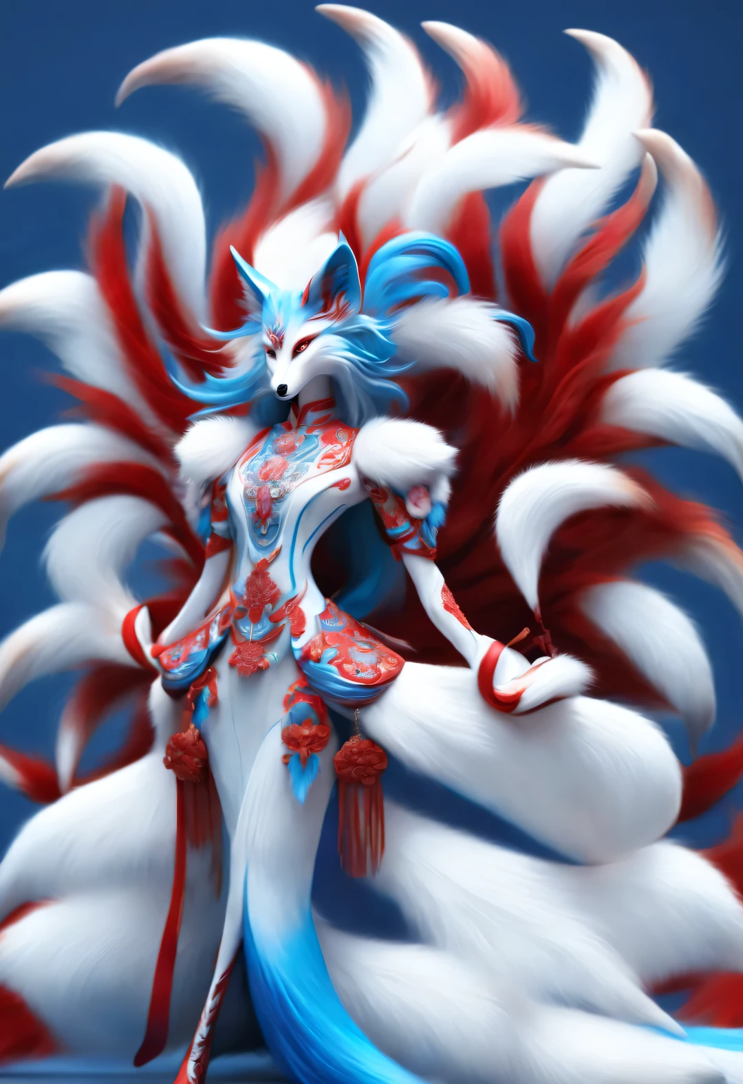 Zbrush style red and blue fashion painting, Oriental style, Soft realism and surreal details, blue and sky blue tones, (A white hair、blue eyes、Fox with nine red tails), Lots of fluffy red tails wrapped around, Ancient Chinese mythical beasts, fantasy,Mythological background