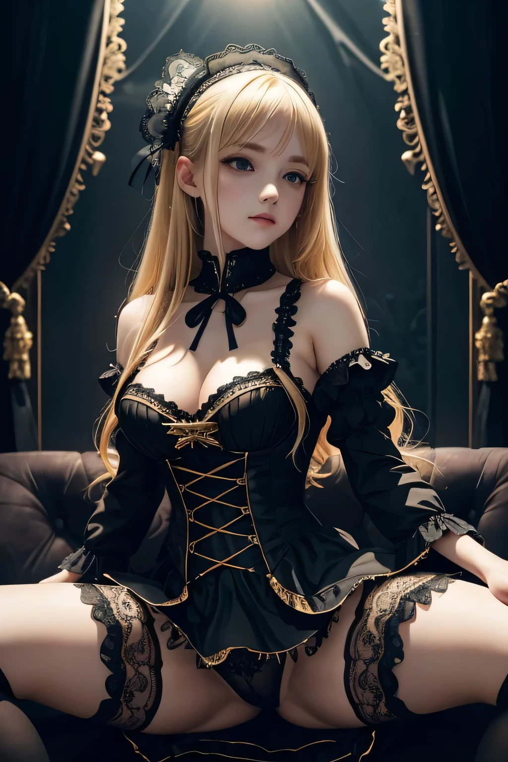 (Best quality, ultra detailed), Gothic ta, spread your legs, Golden hair, Wedges, (Slav), bright colors, Physical rendering, Stunning background, Detailed lace dress, elegant pose, soft lighting, small parts, Sharp Focus, dark atmosphere, cinematic style