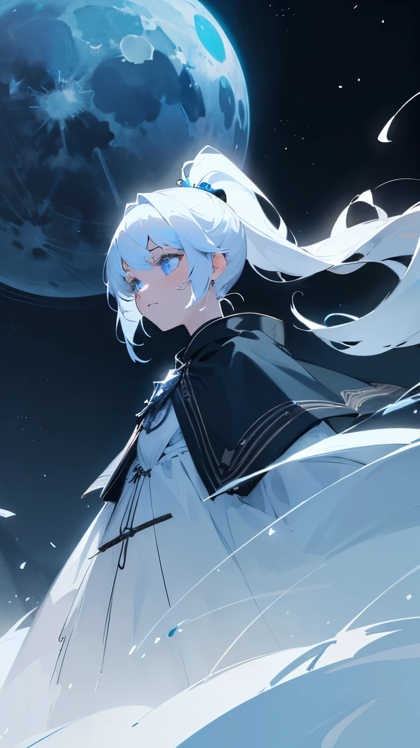 {{{masterpiece}}}, {{{best quality}}}, {{ultra-detailed}}, {illustration}, {{an extremely delicate and beautiful}},cinematic angle,floating, {beautiful detailed eyes}, {detailed light},cinematic lighting, beautifully detailed sky,{1girl}, white hair, blue eyes, {high ponytail}, cloak, glowing eyes,{{moon}},{moonlight}, starry sky, {lighting particle}, fog, snow{painting},{sketch},{bloom}