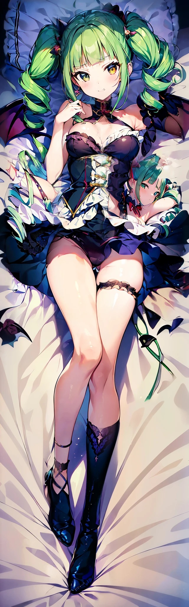 ((anime girl)),(official art),((Yurika Todo)),(Aikatsu!), smile, butterfly hair ornaments, butterfly earrings, green beautiful eyes, No sleeve, red nails, (masterpiece, highest quality, highest quality, official art, beautiful and aesthetic: 1.2), ((Light green hair, twin drill,high short twintail)),(((((blunt bangs))))),4K, hyper hd, white skin, baroque, Gothic ta, race, frills,elegant, Smooth anime CG art, movie lighting, vampire, bat wings, lure,(full body,dakimakura illumination,on the bed、On your back、lying down、beautiful girl,光沢のある衣装,光沢のある肌,濡れてる肌)