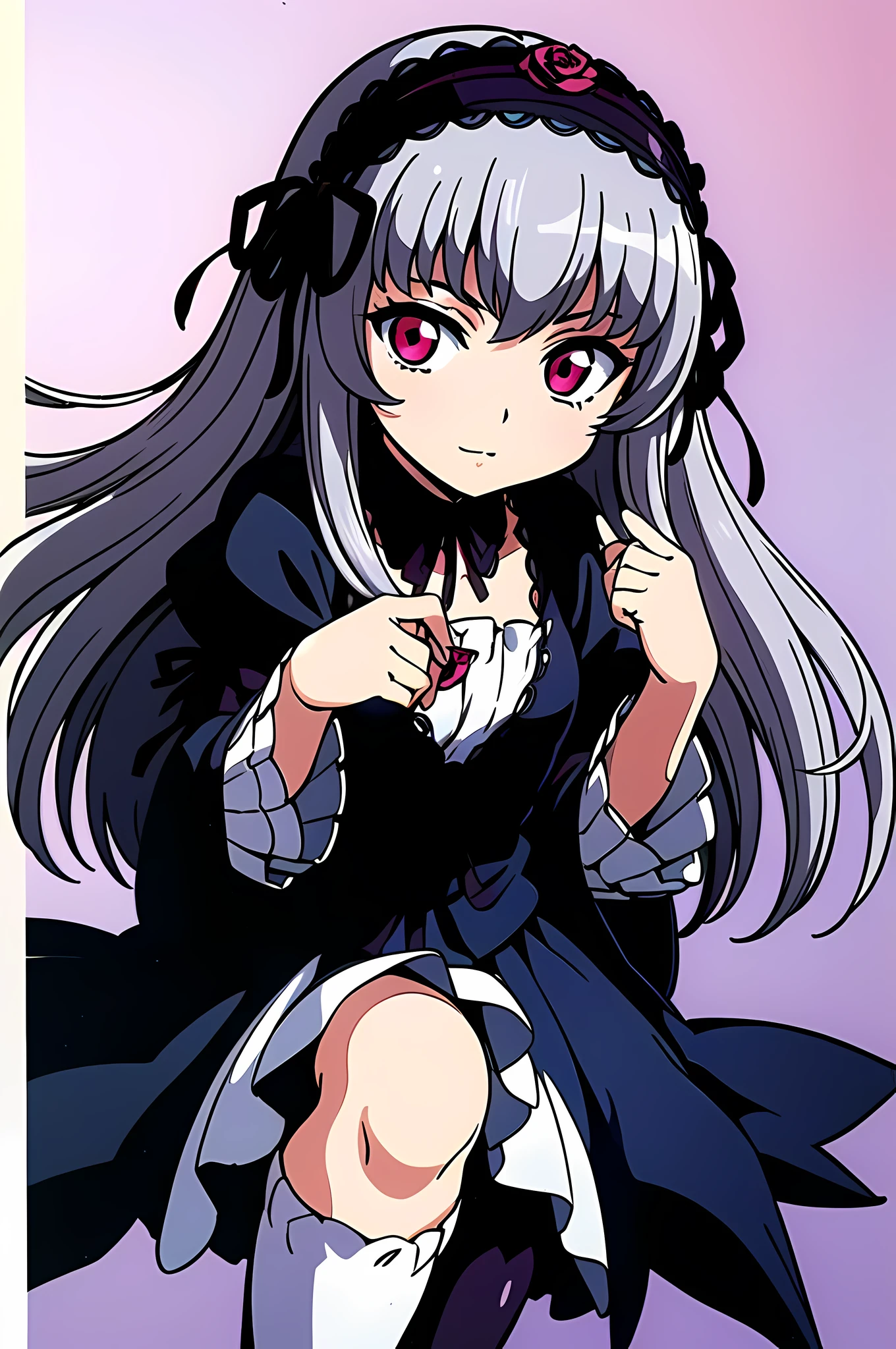 (highest quality:1.3),(masterpiece:1.4),(anatomically correct),(all limbs),(Refers to the whole),(Precise fingertips),(small details),(8K), (90s anime,90s anime style,anime cel painting,cel shaded anime), (delicate details), (intricate details),(Supermodel:1.3),1 girl, Ammunea,shinkai makoto,(5 years old:1.52)), ((suigintou:1.52)),(gray hair:1.15),red eyes,lolita fashion, Lolita Hair Band, removed collar, Black wings, black dress, juliet sleeves, frills, cross, cross-laced dress, knee boots,((highly detailed eyes:1.24)),XXXXXX fashion, XXXXXX hairband,woman made up of paint, full painting, (best lighting,very delicate and beautiful),Detailed beautiful shine,