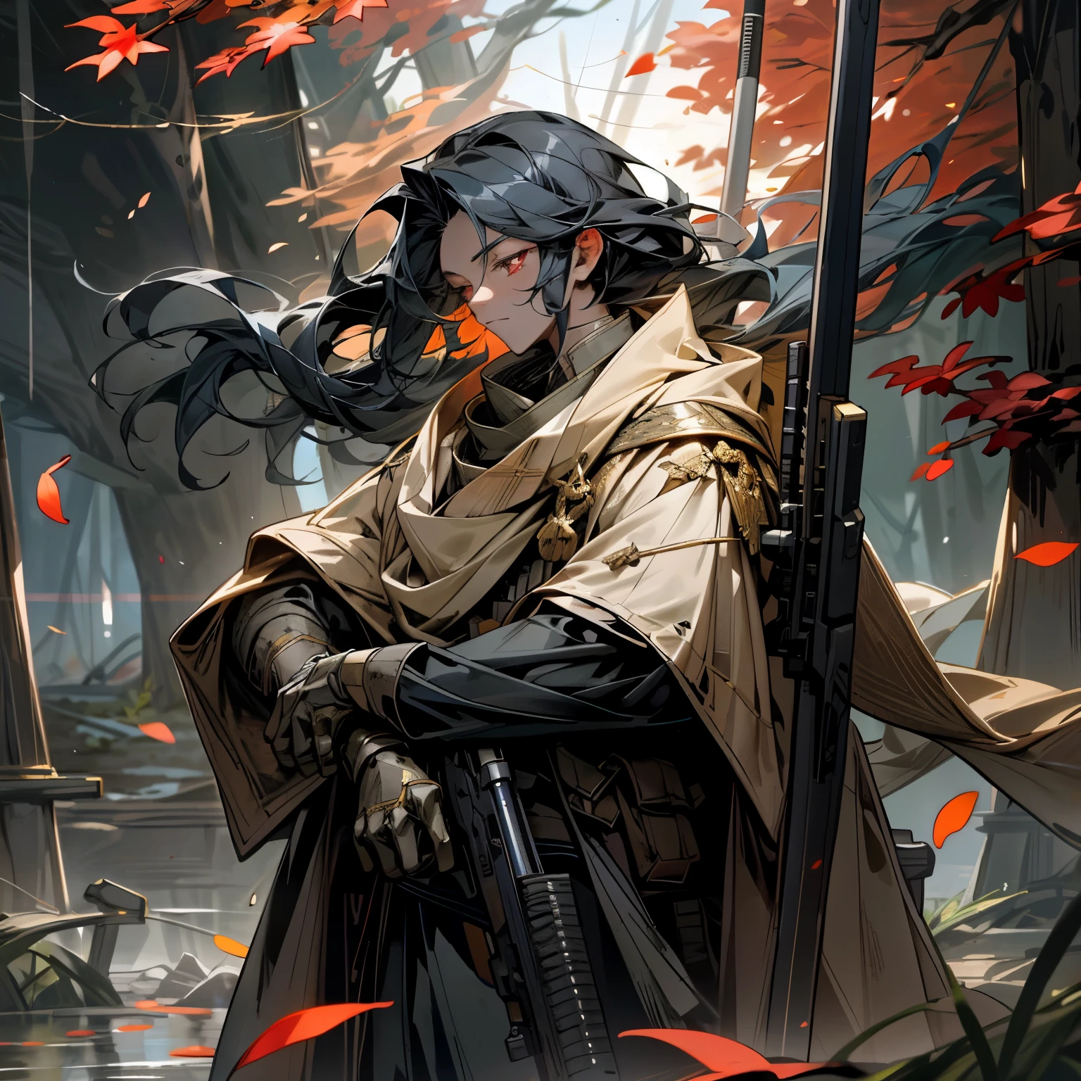 In the captivating world of anime, a young soldier emerges, cloaked in the stillness of autumn. His attire, an intricately designed uniform, blends seamlessly with the delicate colors of the fallen leaves. The serene scene is illuminated by movie lights, casting a tranquil glow over the landscape. A gentle breeze rustles the leaves, while fog softly cloaks the surrounding area, adding an ethereal touch to this highly detailed masterpiece.
The soldier's long, black hair opposes the vibrant red accents of his eyes, creating a striking contrast. The sniper rifle in his hands gleams under the calm lighting, its blue archive seemingly inactive but brim