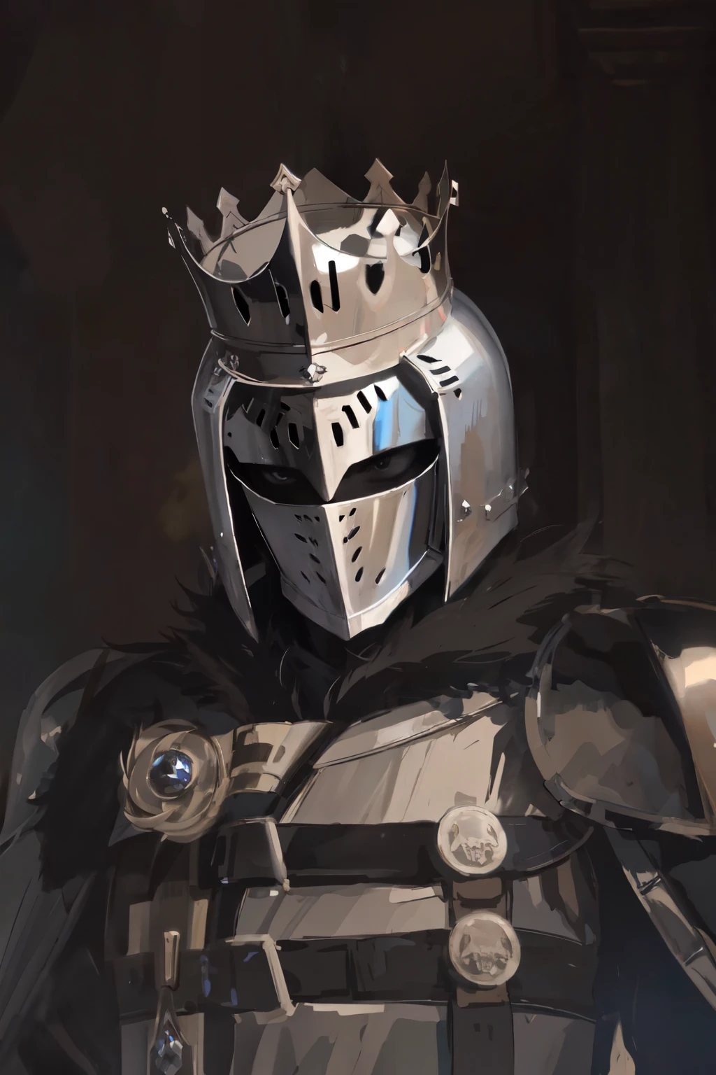 Portrait of a mage wearing a knight helmet mixed with a crown, the portrait is a display of their powerful nature, 