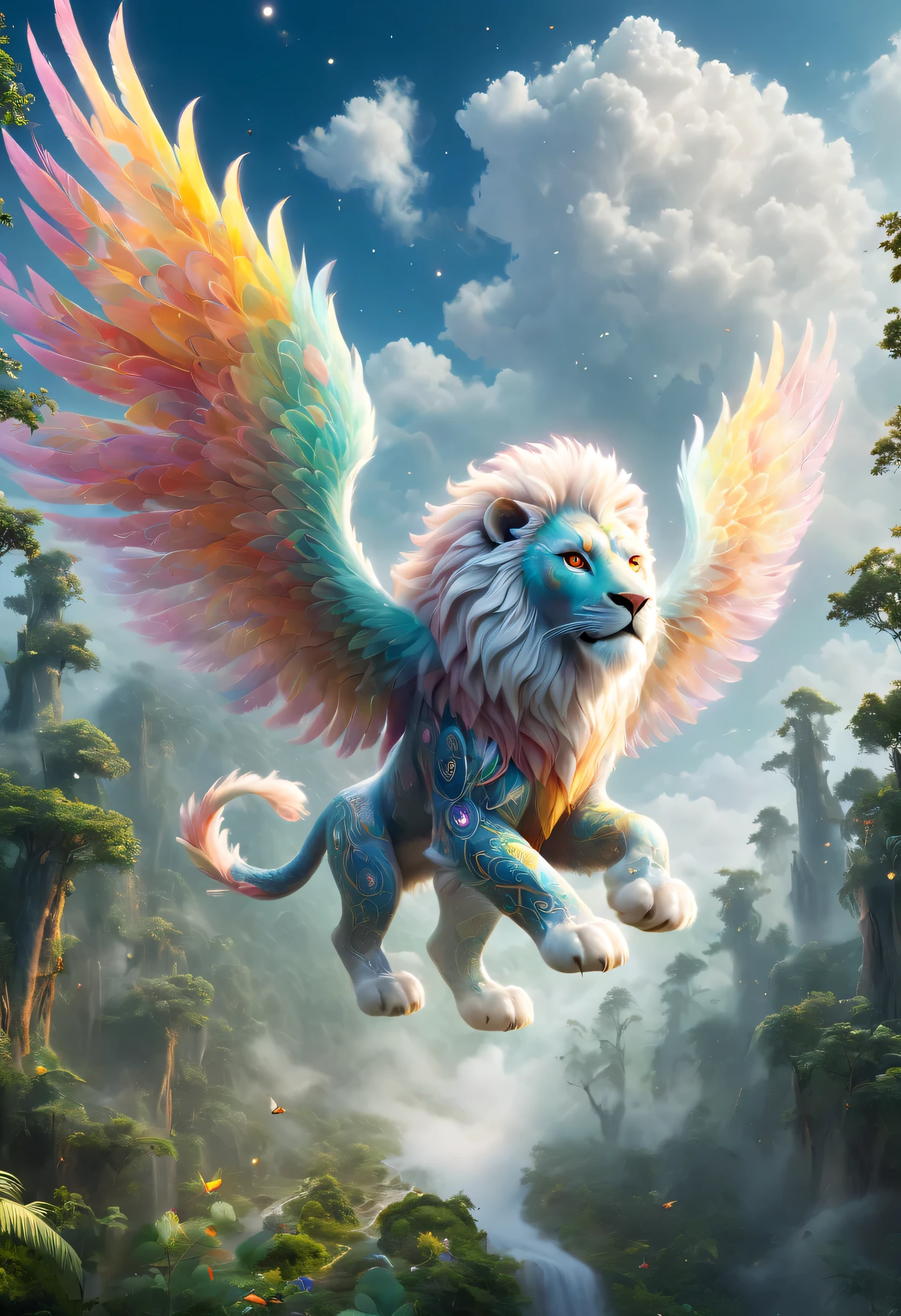 (best quality,high-rise building,masterpiece:1.2),illustration,Super fine,Magical animals in the vast jungle,flying lion,Forest monsters,Walking on colorful auspicious clouds and mist,ethereal atmosphere,mesmerizing palette,Bright Eyes,The presence of majesty,Unique and intricate patterns,Extraordinary ability,Hidden in the mysterious forest,Cast spells,nature guardian,fly over the stars,Legend has it that it will bring good luck and wealth,令人着迷的Change,Inspired by legendary stories,Awesome beauty,otherworldly presence,Change:1.1。