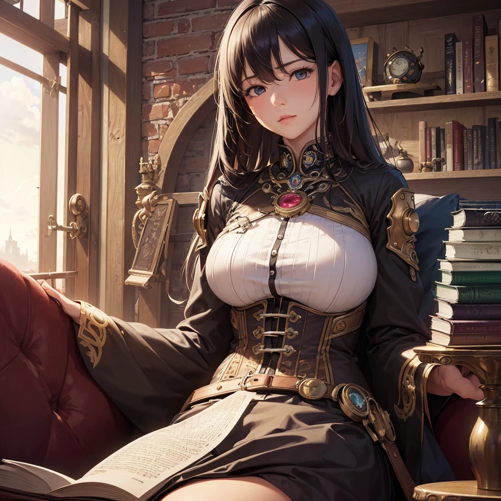 (((Masterpiece, High Quality, Best Quality, High Resolution, Center of Close-up Shot, Realistic, Siesta, One Girl, Stacked Books, Sofa))),Impermanence,Hermann Hesse,No People in Frame,Eaves,First-Person View,Evening,Low Clouds,Thin Clouds,Sun Setting,Silence,Serenity,積本,Wall Clock,Steampunk,Ephemeral,Illusion,Hope for Tomorrow,Better clothing,detailed clothing,perfect clothes,mecha musume,mechanical arms,headgear,bodysuit