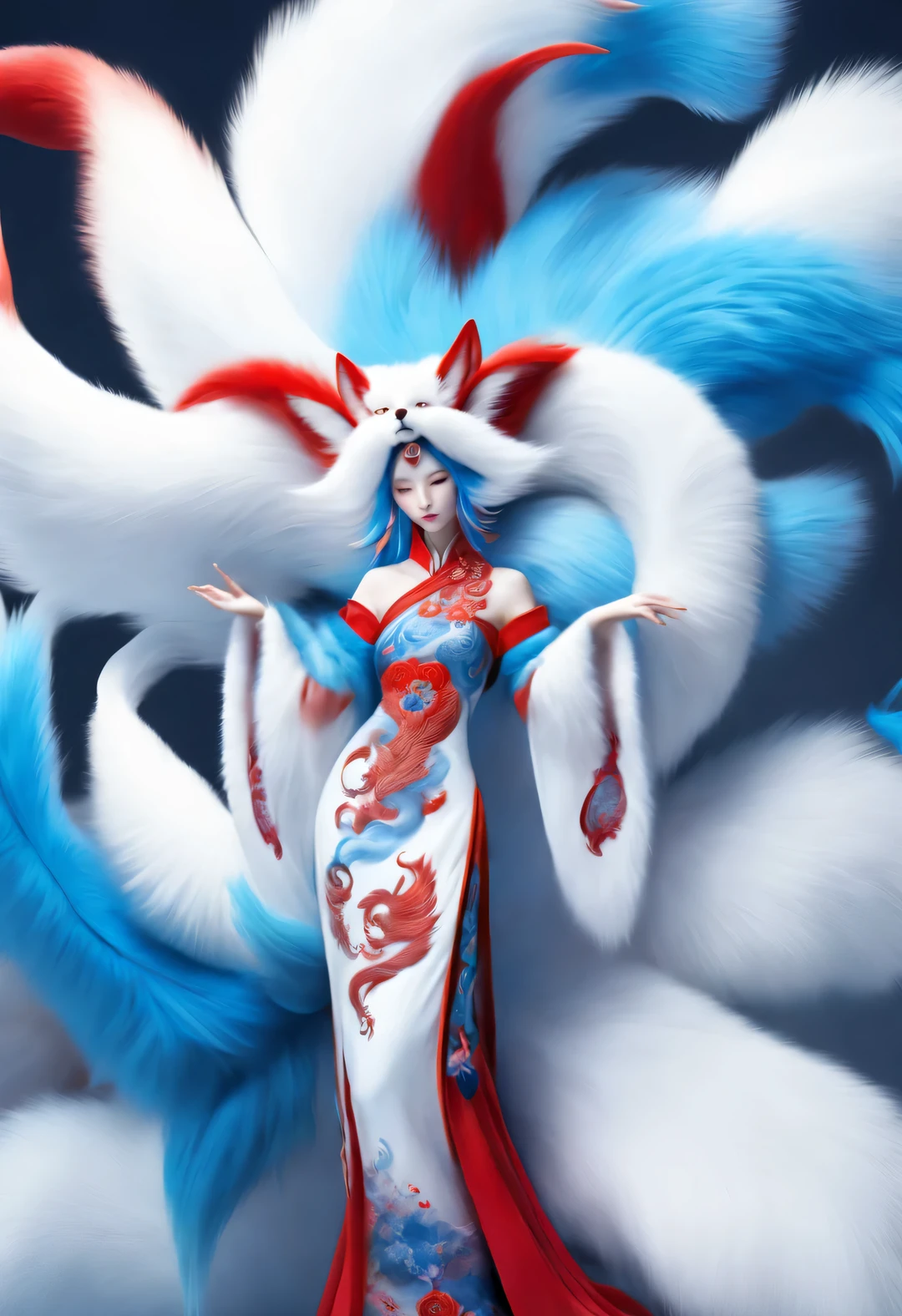 Zbrush style red and blue fashion painting, Oriental style, Soft realism and surreal details, blue and sky blue tones, (A white hair、blue eyes、Fox with nine red tails), Lots of fluffy red tails wrapped around, Ancient Chinese mythical beasts, fantasy,Mythological background