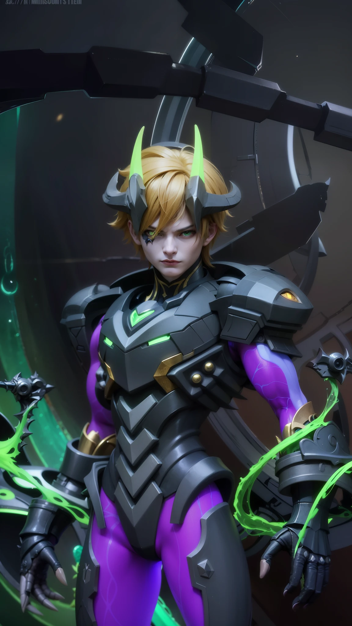 Masterpiece, ultra HD, detailed all picture, a close up of a devil, dyrroth from mobile legend, evil, extremely detailed artgerm, mobile legends character, inspired by Dyrroth, Six pack chest and abs, yellow jewel above the chest, green eyes, 1 boy, 19 years old.