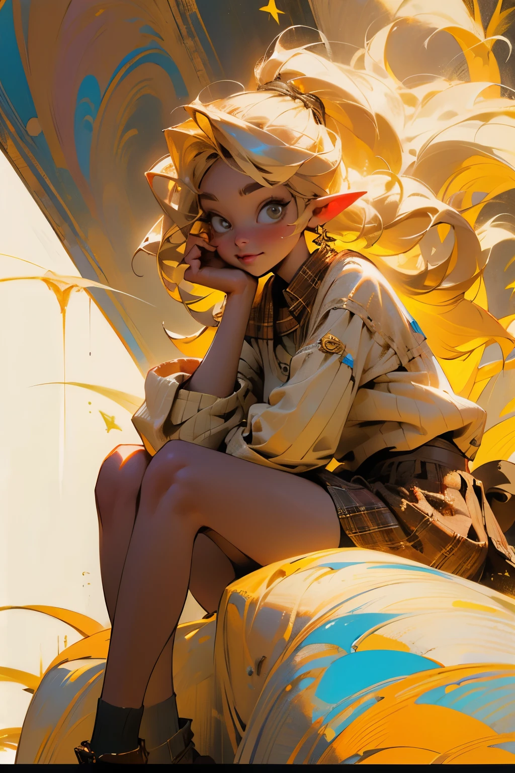 glow,masterpiece, best quality, oil painting portrait style, blonde,pointed ears,Plaid skirt,Big ,Black socks,without wearing shoes,Star,