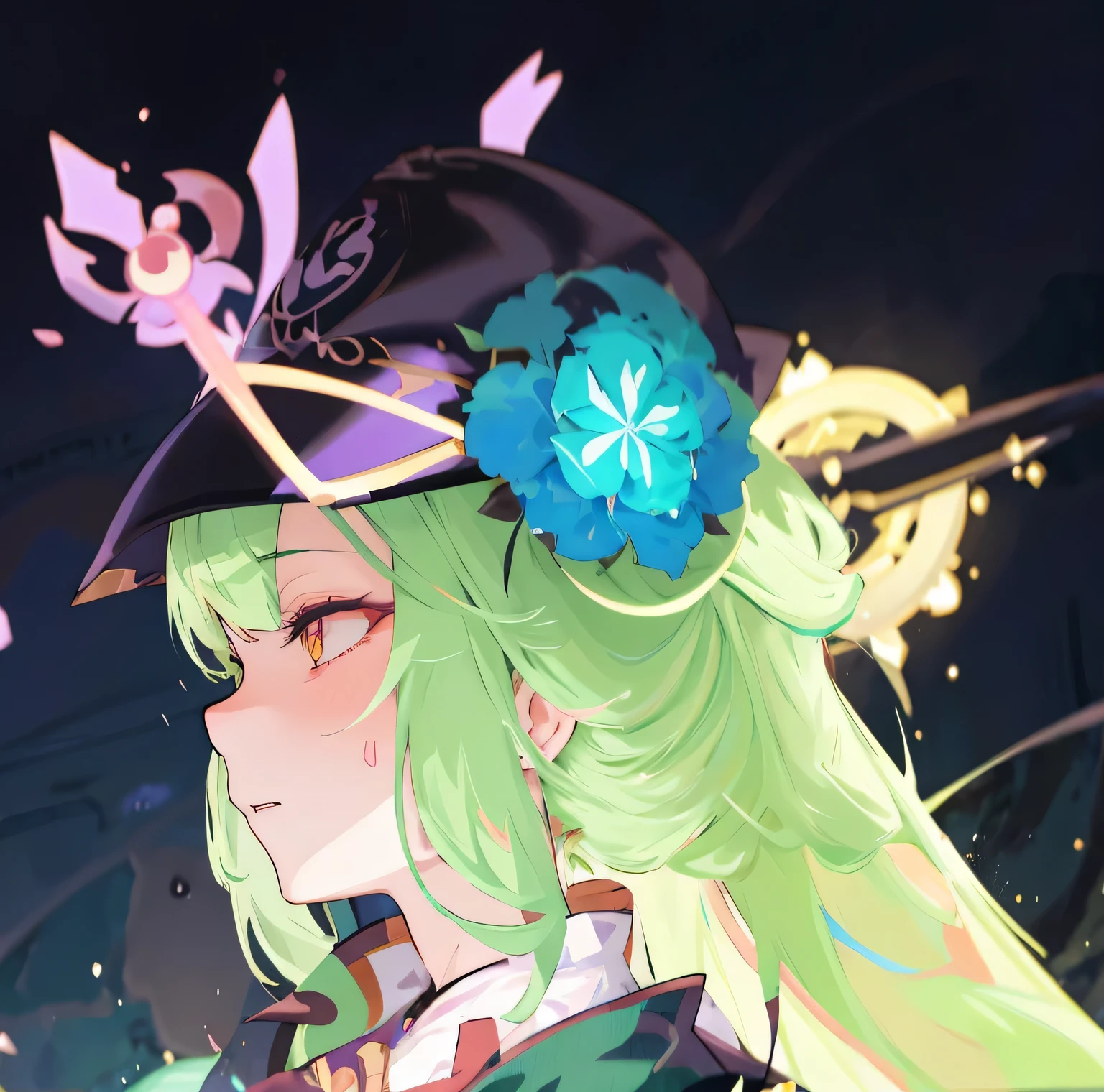 anime girl，green hair，Wearing a black hat，There is a flower on it, ayaka Genshin impact, Onmyoji portrait, shadow poetry style, alchemist girl, Detailed key animation art, Genshin, ayaka game Genshin impact, gear aurora, Avatar picture, Marisa&#39;s father, Genshin impact, style, Clear cosplay portraits, Genshin impact character