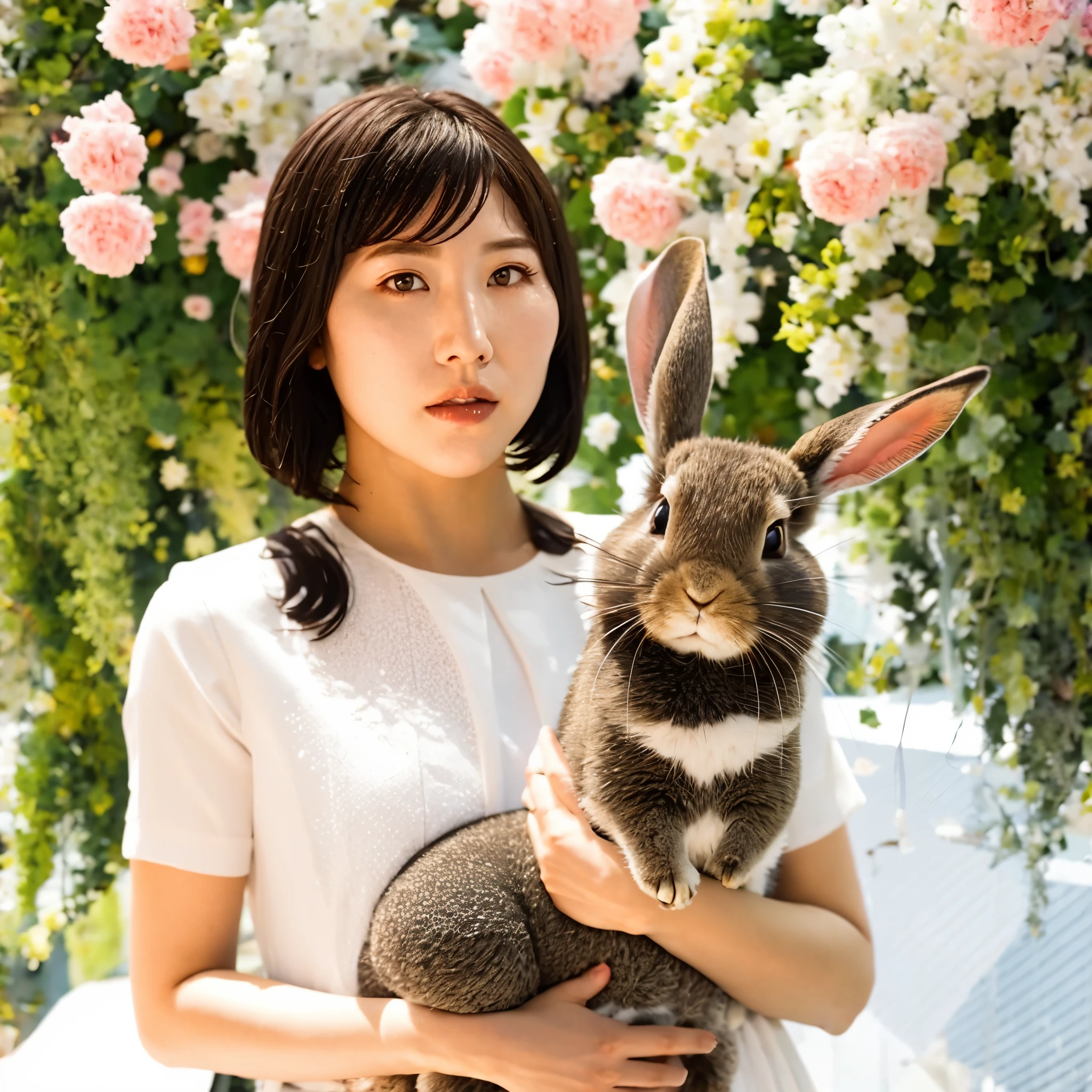 detailed, realism, 4K,  girl, 顔のdetailed, big yellow eyes, plump lips, Upturned nose, gray hair with pink strands,, In a white dress, Rabbit in hand, The background is flowers, White butterfly in the foreground, Realistic shooting, Depth of bounds written, Soft forelight, shine, HDR (calm colors: 1.2), Canon RF 100mm f2.8L macro is USM