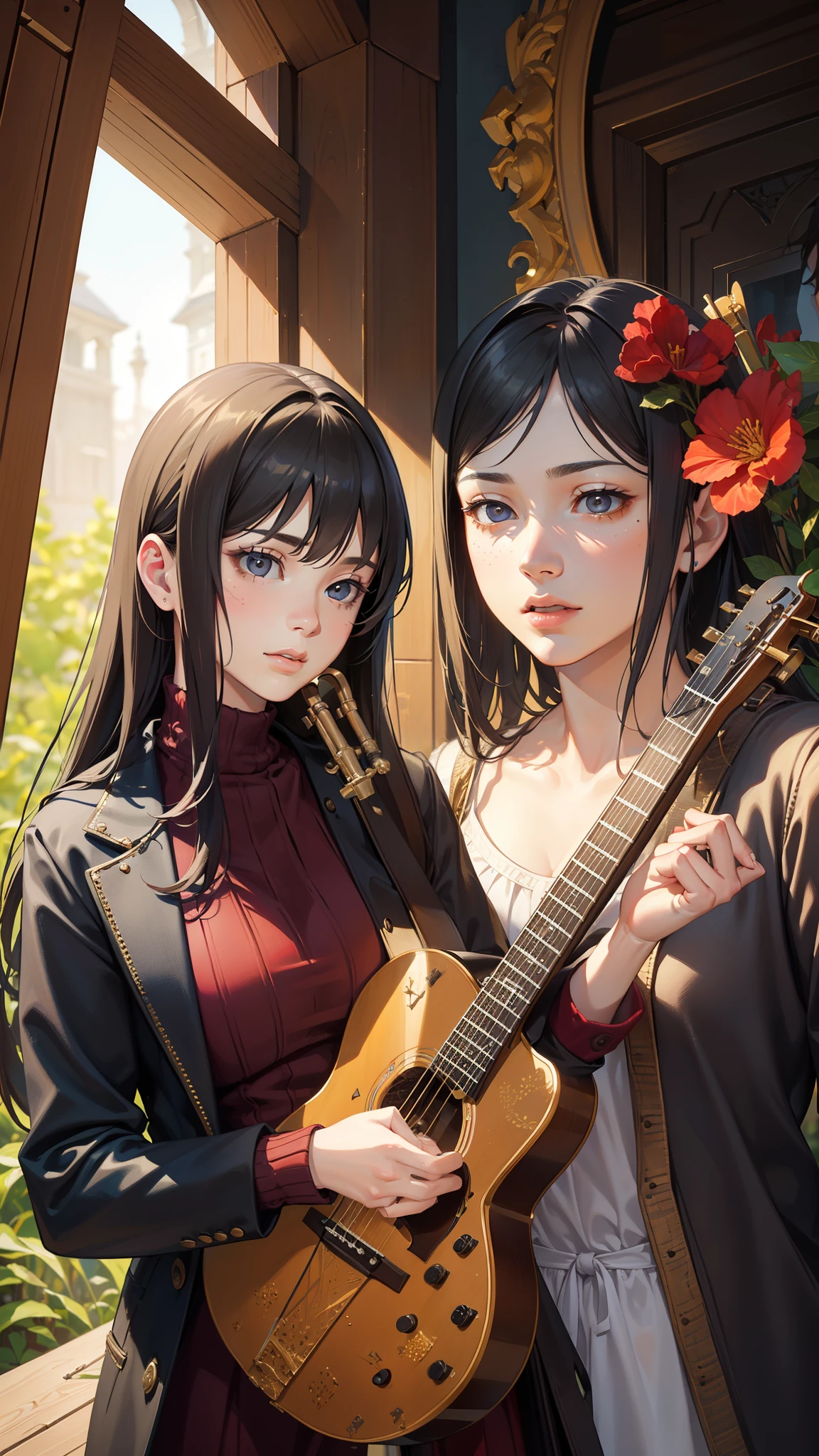 Masterpiece, two figures, Nathan and Sara, engaged in deep conversation, acoustic guitar, piano, and drums as backdrops, vibrant and lively setting, ultra-detailed and realistic rendering, warm and inviting color palette, (sharp focus on Nathan's and Sara's faces: 1.2), (Casual attire: Nathan in jeans and a worn-in sweater, Sara in a flowery dress), with expressive and intricate facial features, (realistic textures on the instruments: 1.6), close-up perspective, soft and diffused lighting, rich in emotional depth, high-resolution texture, immersive atmosphere, inspiring and soulful