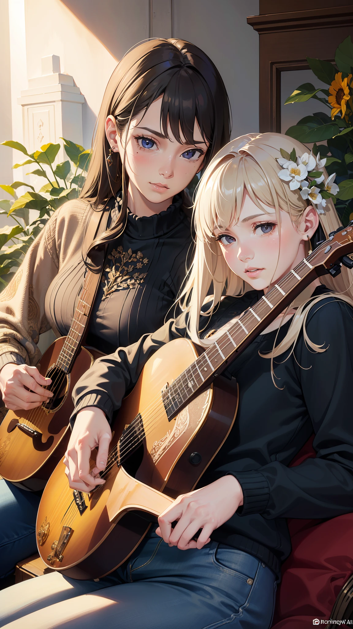 Masterpiece, two figures, Nathan and Sara, engaged in deep conversation, acoustic guitar, piano, and drums as backdrops, vibrant and lively setting, ultra-detailed and realistic rendering, warm and inviting color palette, (sharp focus on Nathan's and Sara's faces: 1.2), (Casual attire: Nathan in jeans and a worn-in sweater, Sara in a flowery dress), with expressive and intricate facial features, (realistic textures on the instruments: 1.6), close-up perspective, soft and diffused lighting, rich in emotional depth, high-resolution texture, immersive atmosphere, inspiring and soulful