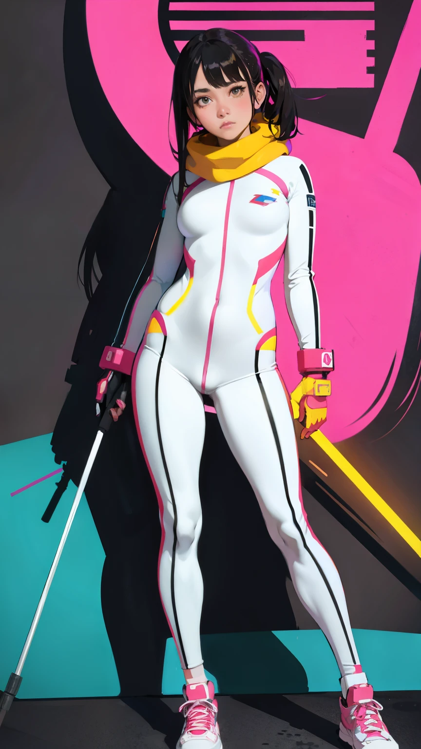 (ultra detailed,ultra high res,detailed background),((2D)),((flat color)),((muted color)),((floating neon)),1girl,solo,looking at viewer, BREAK, spray paint, graffiti, girl in a white fencing suit, plush scarf, full body image, adult woman, anatomically perfect face, face in focus, symmetrical face, fencer