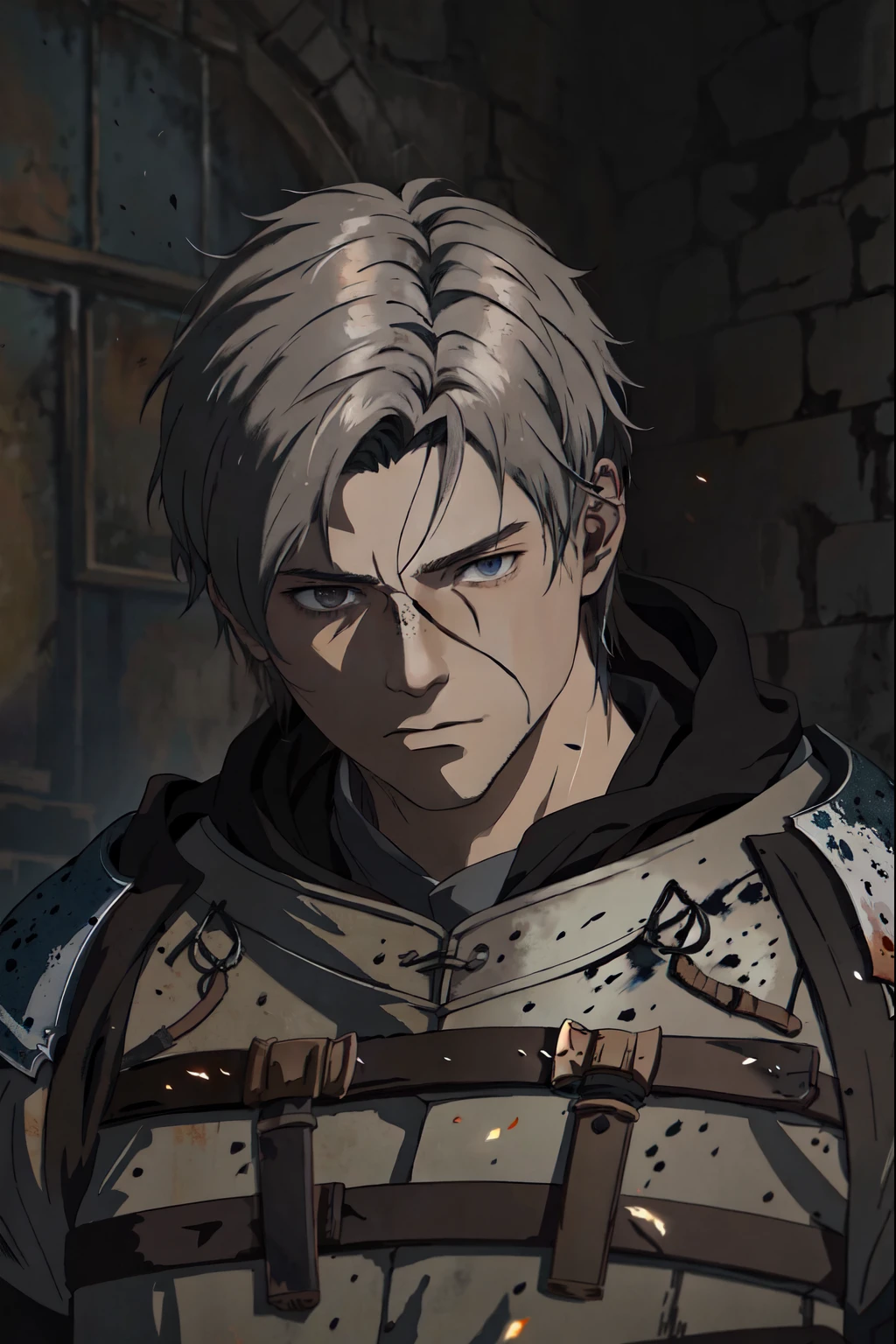 there is a painting of a man with ashen hair that is speckled with embers, portrait style of wlop, painted in high resolution, Dark Souls, Miyazaki inspired, painted character portrait, made with anime painter studio, medieval anime portrait