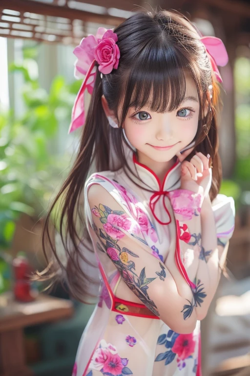 cheongsam clothing , master piece , best quality , detailed , bangs , 1 person, ((contrasting eyes)) , smile