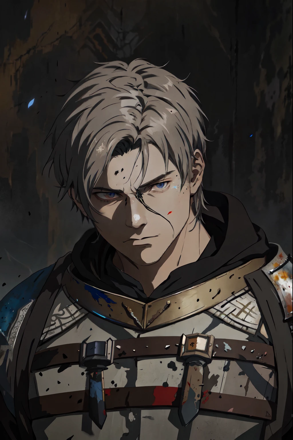 there is a painting of a man with ashen hair that is speckled with embers, portrait style of wlop, painted in high resolution, Dark Souls, Miyazaki inspired, painted character portrait, made with anime painter studio, medieval anime portrait 