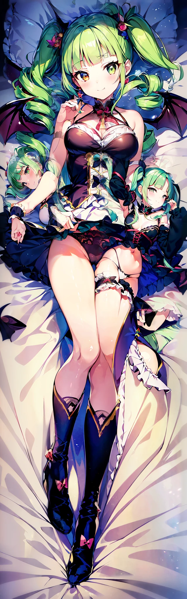 ((anime girl)),(official art),((Yurika Todo)),(Aikatsu!), smile, butterfly hair ornaments, butterfly earrings, green beautiful eyes, No sleeve, red nails, (masterpiece, highest quality, highest quality, official art, beautiful and aesthetic: 1.2), ((Light green hair, twin drill,high short twintail)),(((((blunt bangs))))),4K, hyper hd, white skin, baroque, Gothic ta, race, frills,elegant, Smooth anime CG art, movie lighting, vampire, bat wings, lure,(full body,dakimakura illumination,on the bed、On your back、lying down、beautiful girl,光沢のある衣装,光沢のある肌,濡れてる肌)