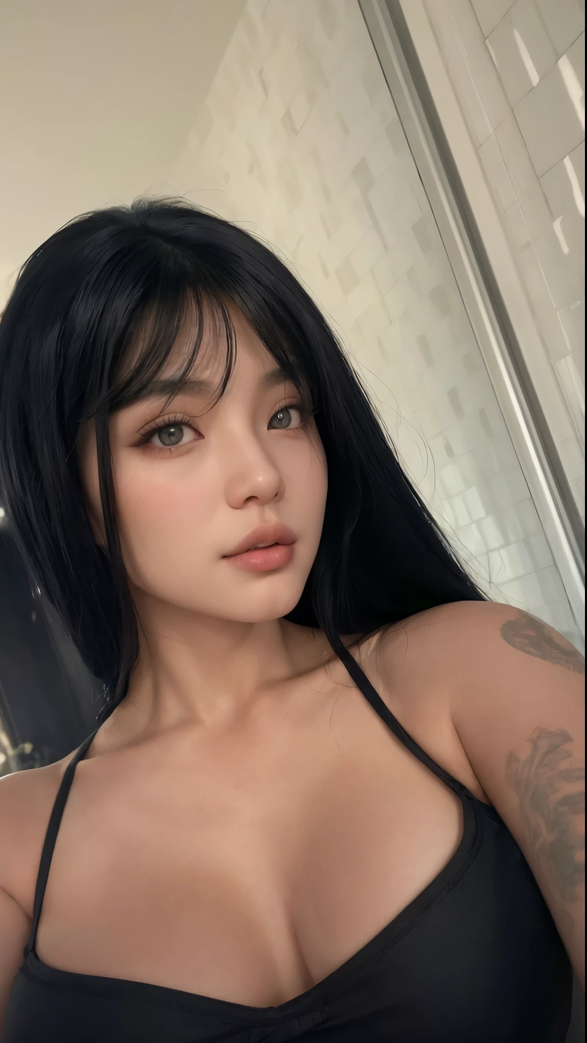 a close up of a Chinese woman with long black hair and a black bra top, ela tem cabelo preto com franja, looks like fabiula nascimento, Violeta Myers, Mulher de 30 anos de Cuba, rosto sexy, lindo rosto latina, Vanessa Ives, franja preta, thick lips, cabelo preto e olhos grandes, imagem de perfil, Angelina Stroganova