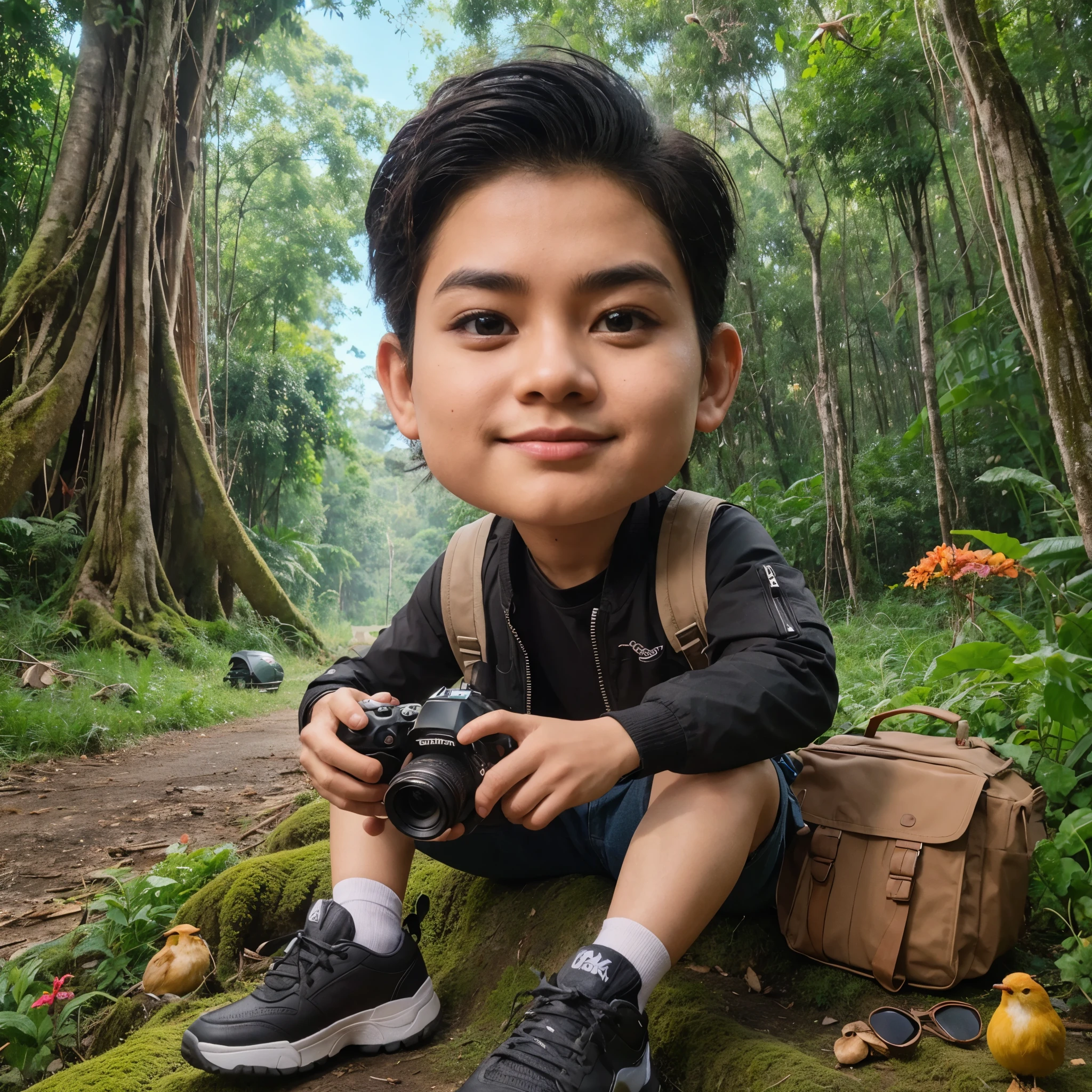 karikatur 3d, poto seorang pria indonesia, rambut pendek rapi, agak gemuk, berjaket hitam celana pendek, duduk sambil memegang kamera, camping ditengah hutan hujan dan ada pohon besar, dikelilingi banyak pohon dan burung, ultra hd, poto jelas