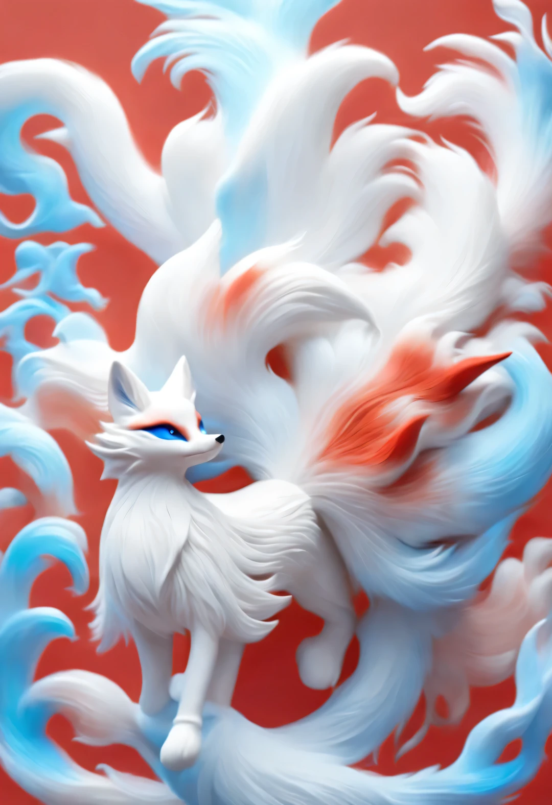 Zbrush style red and blue fashion painting, Oriental style, Soft realism and surreal details, blue and sky blue tones, (A white hair、blue eyes、Fox with nine red tails), Lots of fluffy red tails wrapped around, Ancient Chinese mythical beasts, fantasy,Mythological background