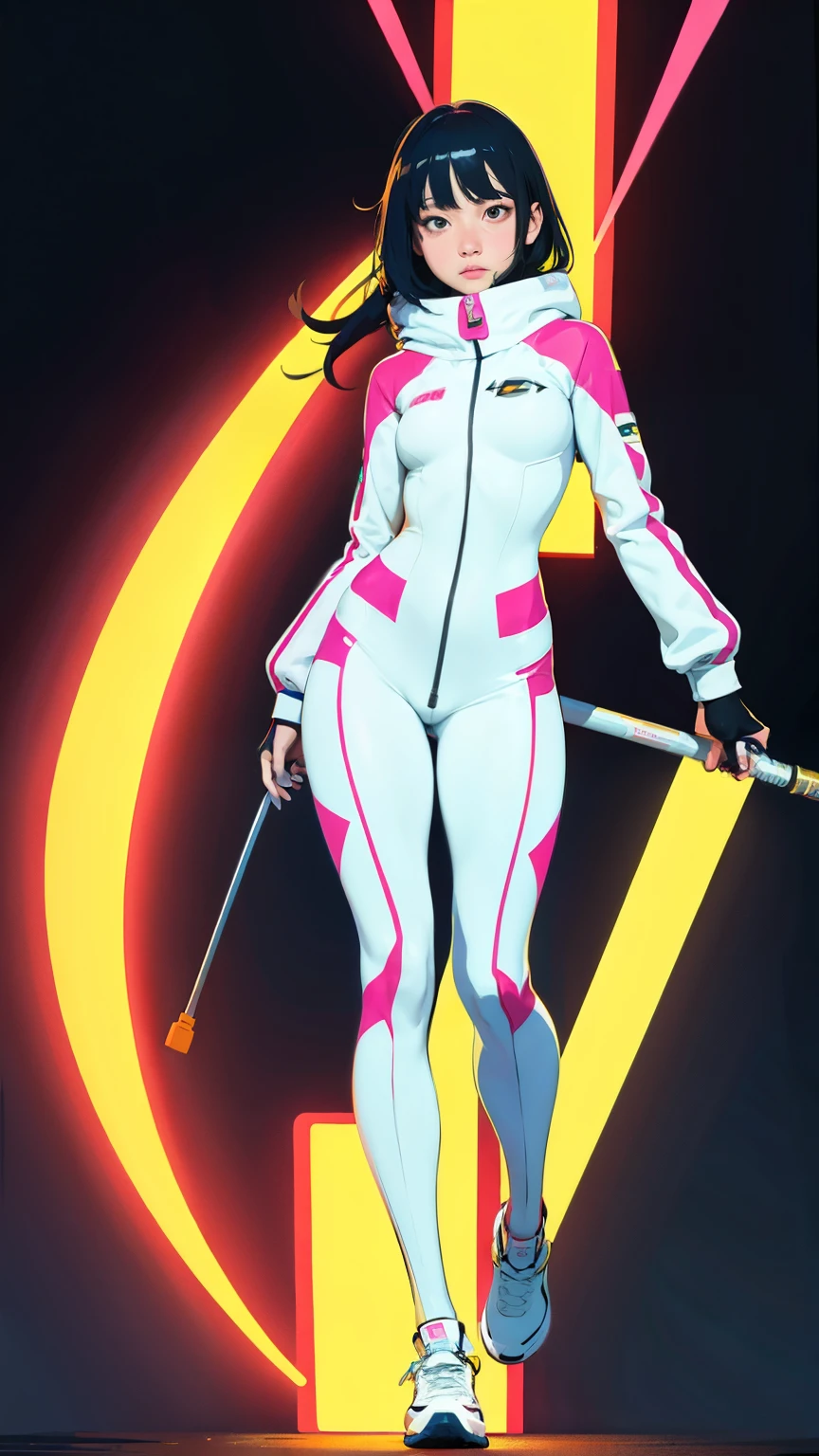 (ultra detailed,ultra high res,detailed background),((2D)),((flat color)),((muted color)),((floating neon)),1girl,solo,looking at viewer, BREAK, spray paint, graffiti, girl in a white fencing suit, plush scarf, full body image, adult woman, anatomically perfect face, face in focus, symmetrical face, fencer