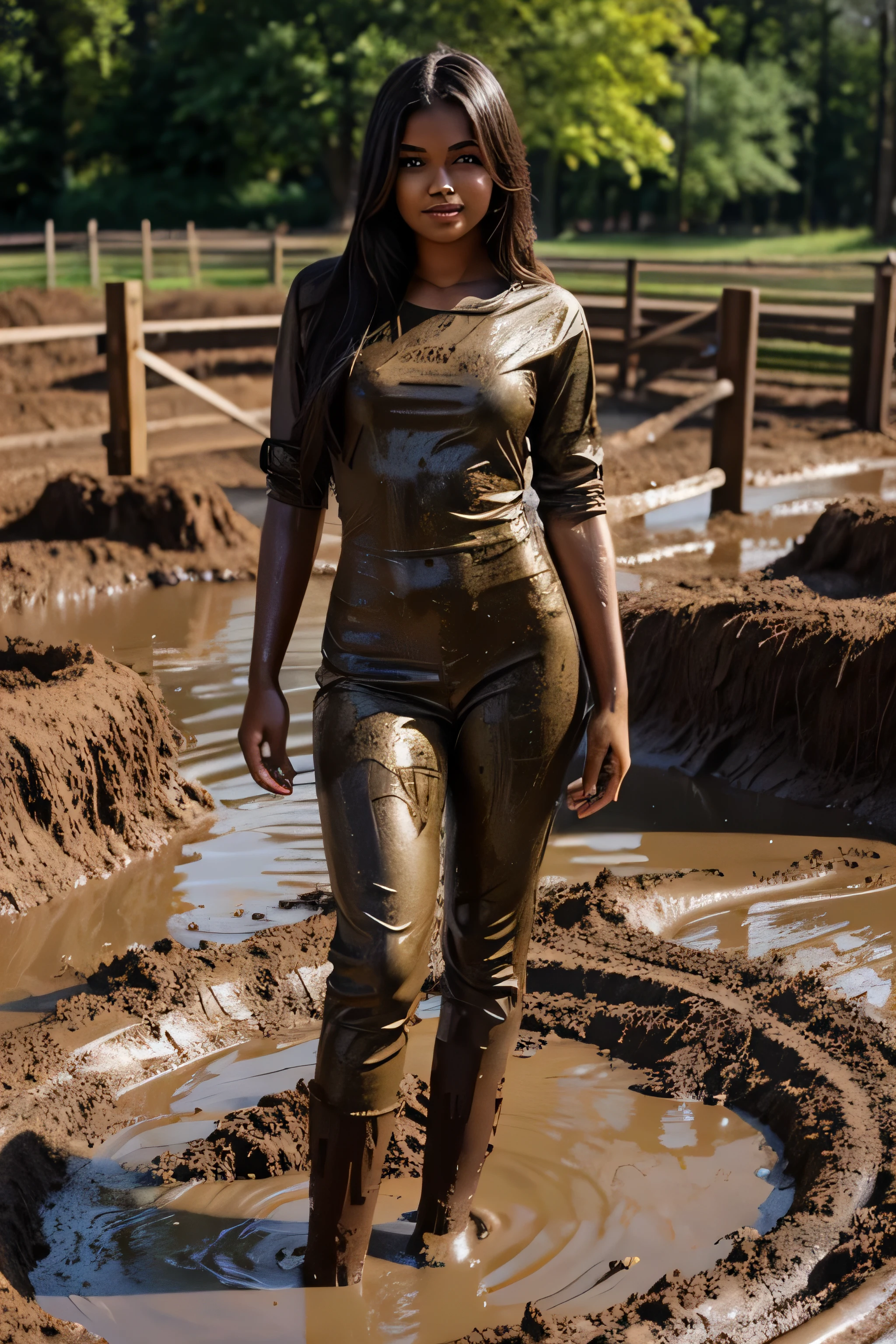 A full body of a beautiful 20-year-old woman made fully out mud. 