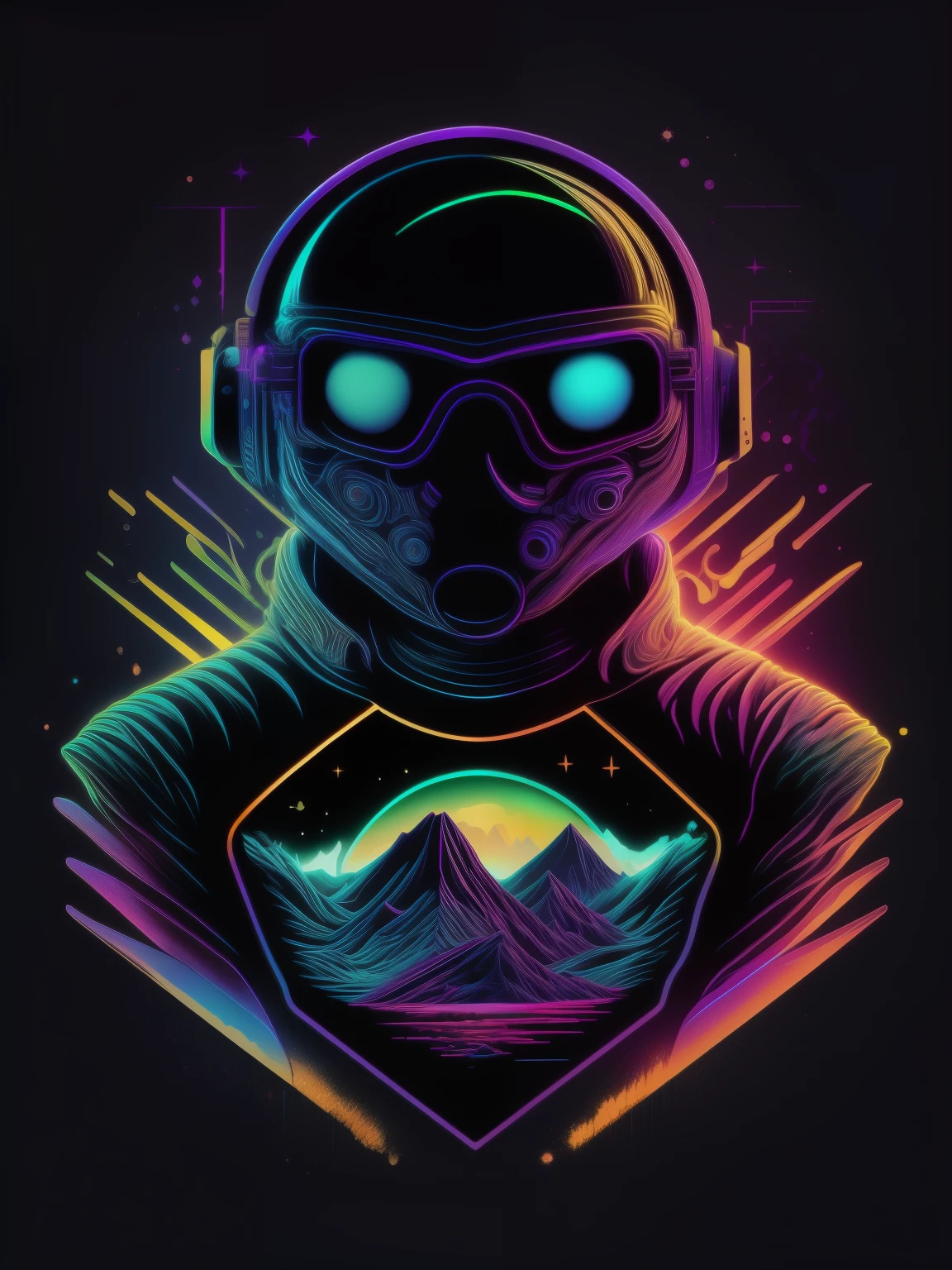 psychadelic, vector image, t-shirt design, isolated, black background, futuristic 3D illustration, glowing light effect,